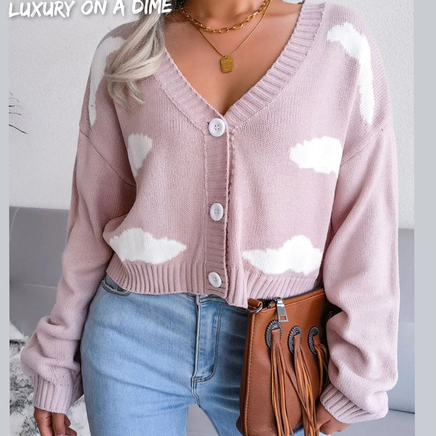 Cloud Print Cropped Classic Knit Button Front Retro Long Sleeve Cardigan