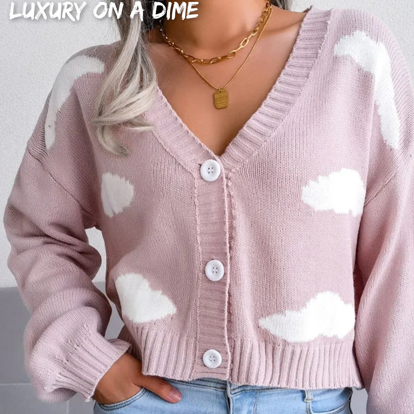 Cloud Print Cropped Classic Knit Button Front Retro Long Sleeve Cardigan