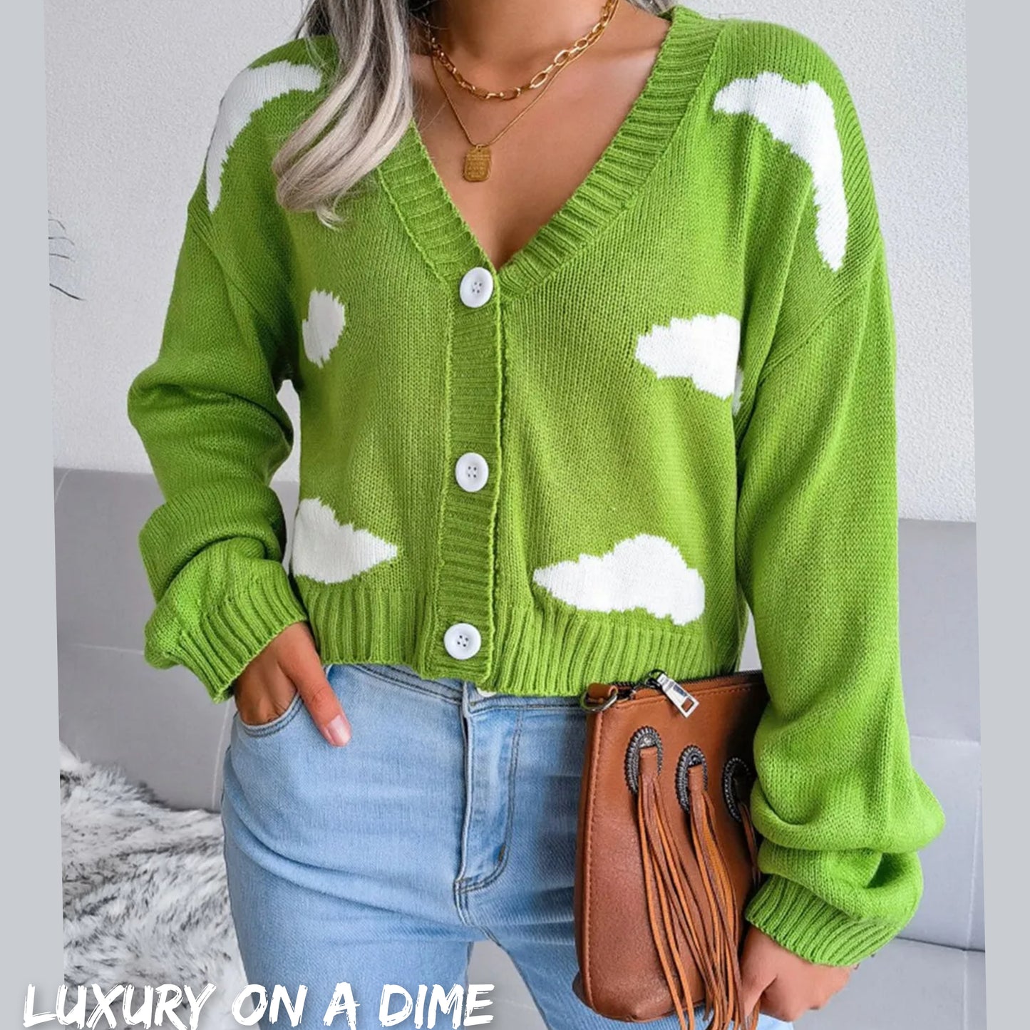 Cloud Print Cropped Classic Knit Button Front Retro Long Sleeve Cardigan