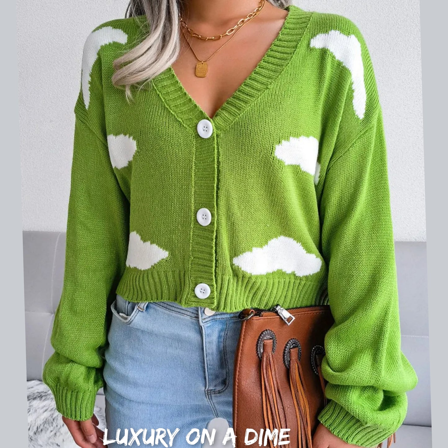 Cloud Print Cropped Classic Knit Button Front Retro Long Sleeve Cardigan