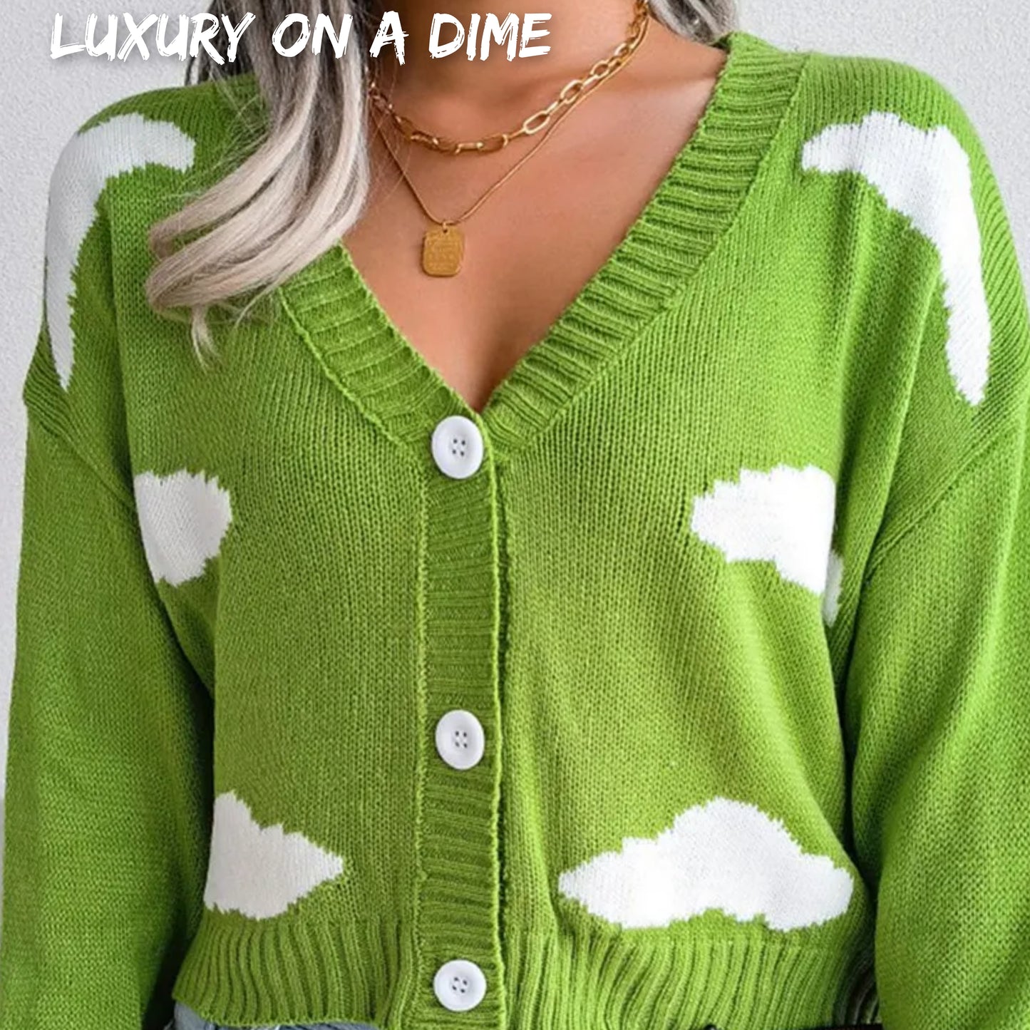 Cloud Print Cropped Classic Knit Button Front Retro Long Sleeve Cardigan