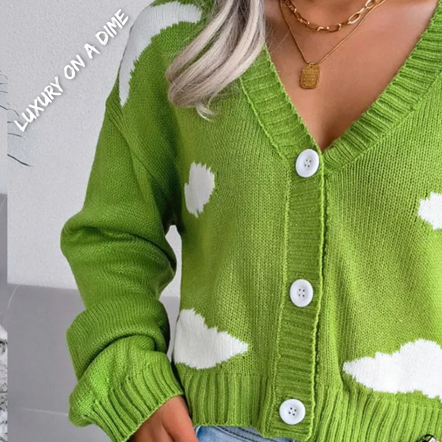 Cloud Print Cropped Classic Knit Button Front Retro Long Sleeve Cardigan