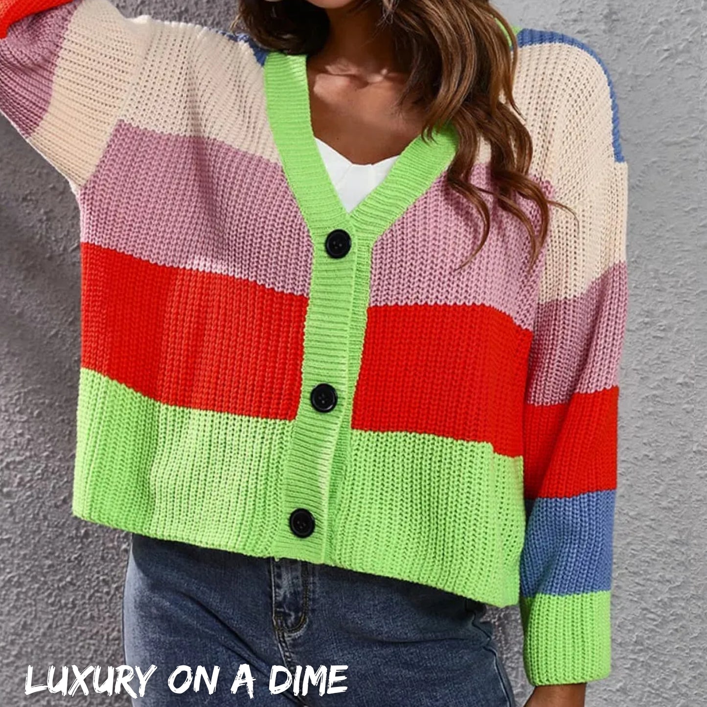 Cropped Color Block Waffle Knit Button Front Retro Long Sleeve Cardigan Sweater