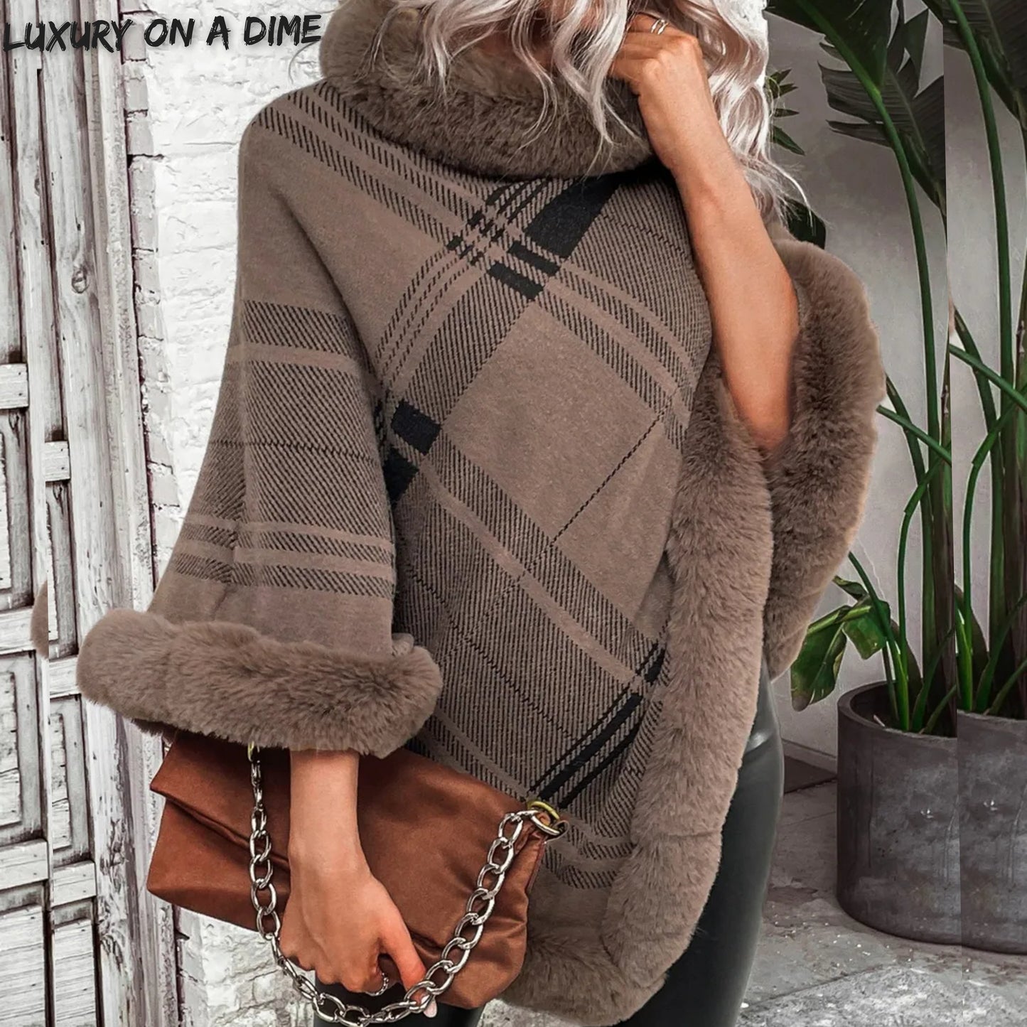 Plush Faux Fur Plaid Stripe Oversized Pullover Sweater Jacket Poncho