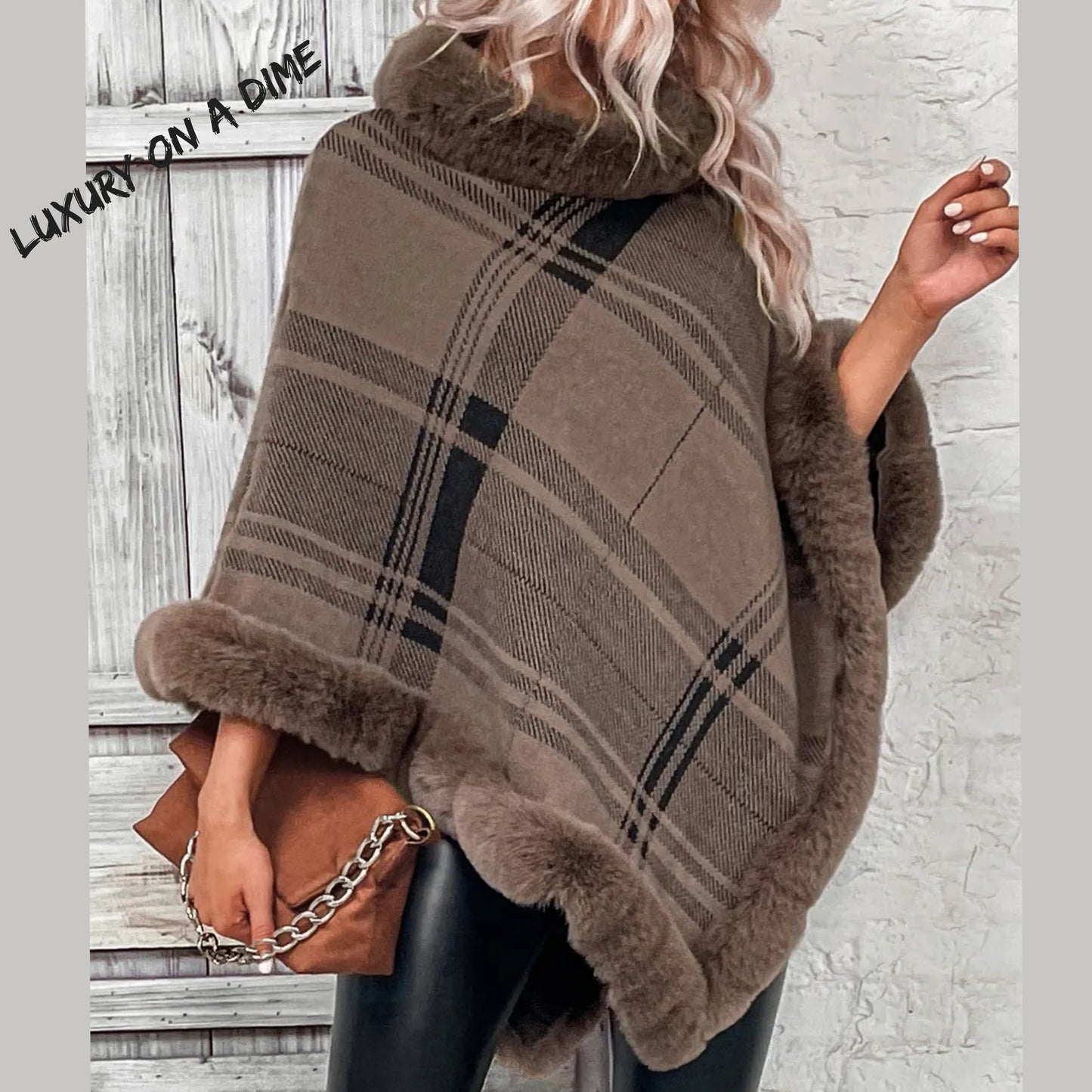 Plush Faux Fur Plaid Stripe Oversized Pullover Sweater Jacket Poncho
