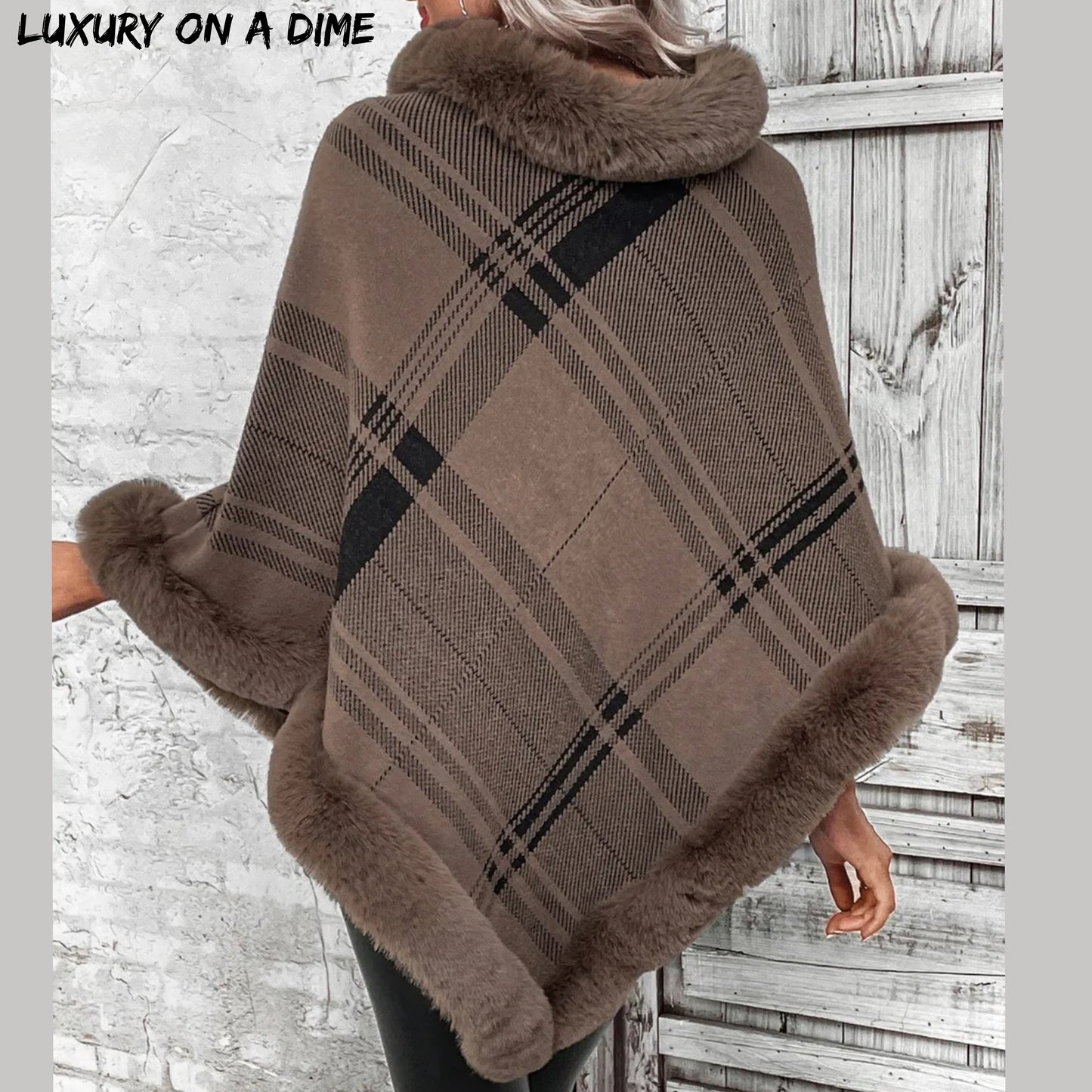 Plush Faux Fur Plaid Stripe Oversized Pullover Sweater Jacket Poncho