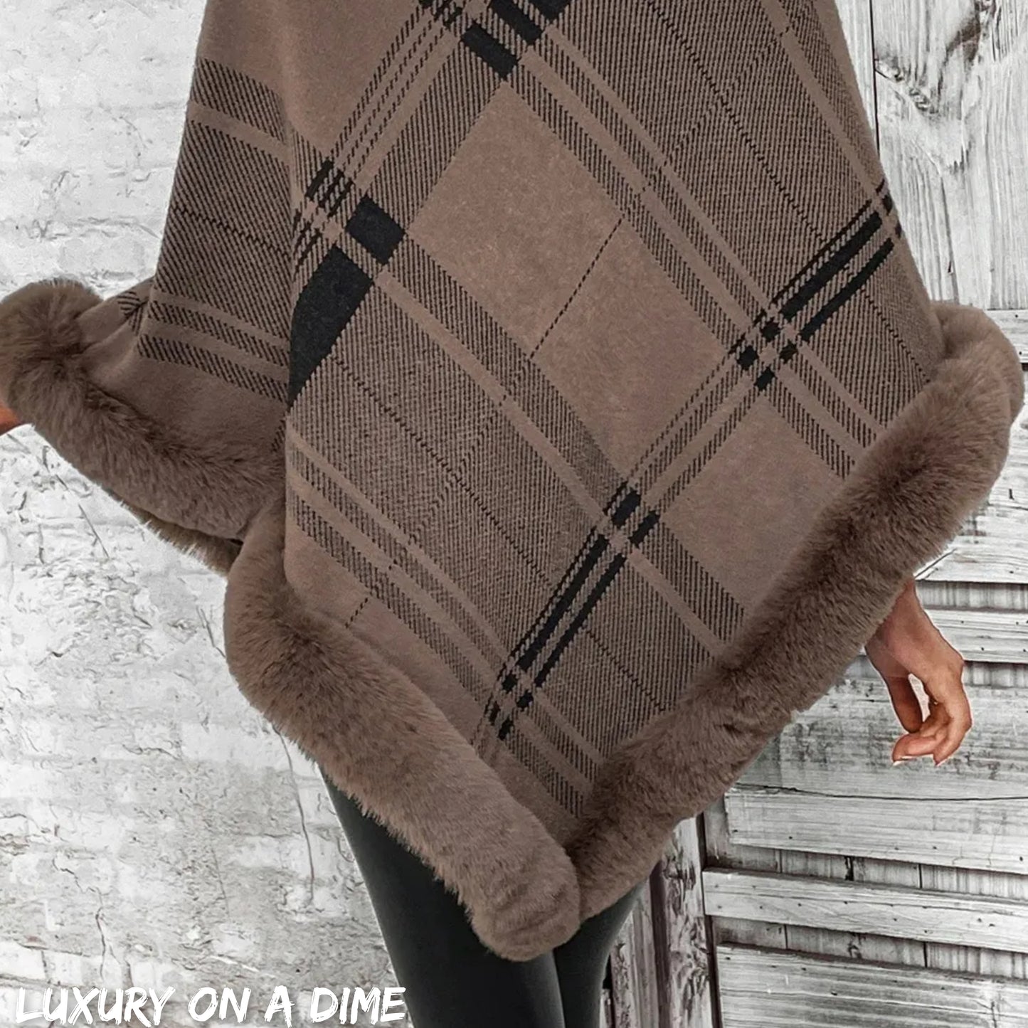 Plush Faux Fur Plaid Stripe Oversized Pullover Sweater Jacket Poncho