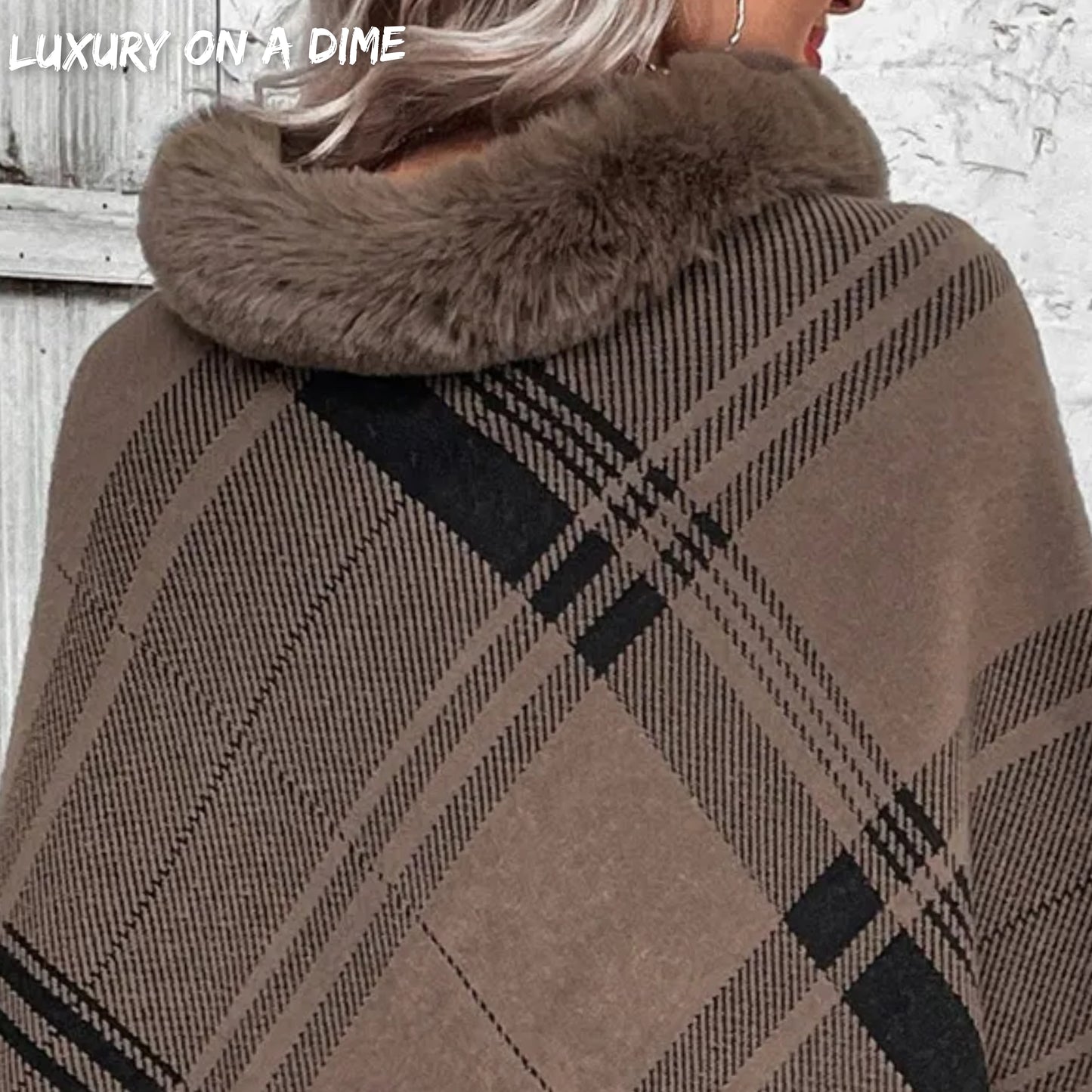 Plush Faux Fur Plaid Stripe Oversized Pullover Sweater Jacket Poncho