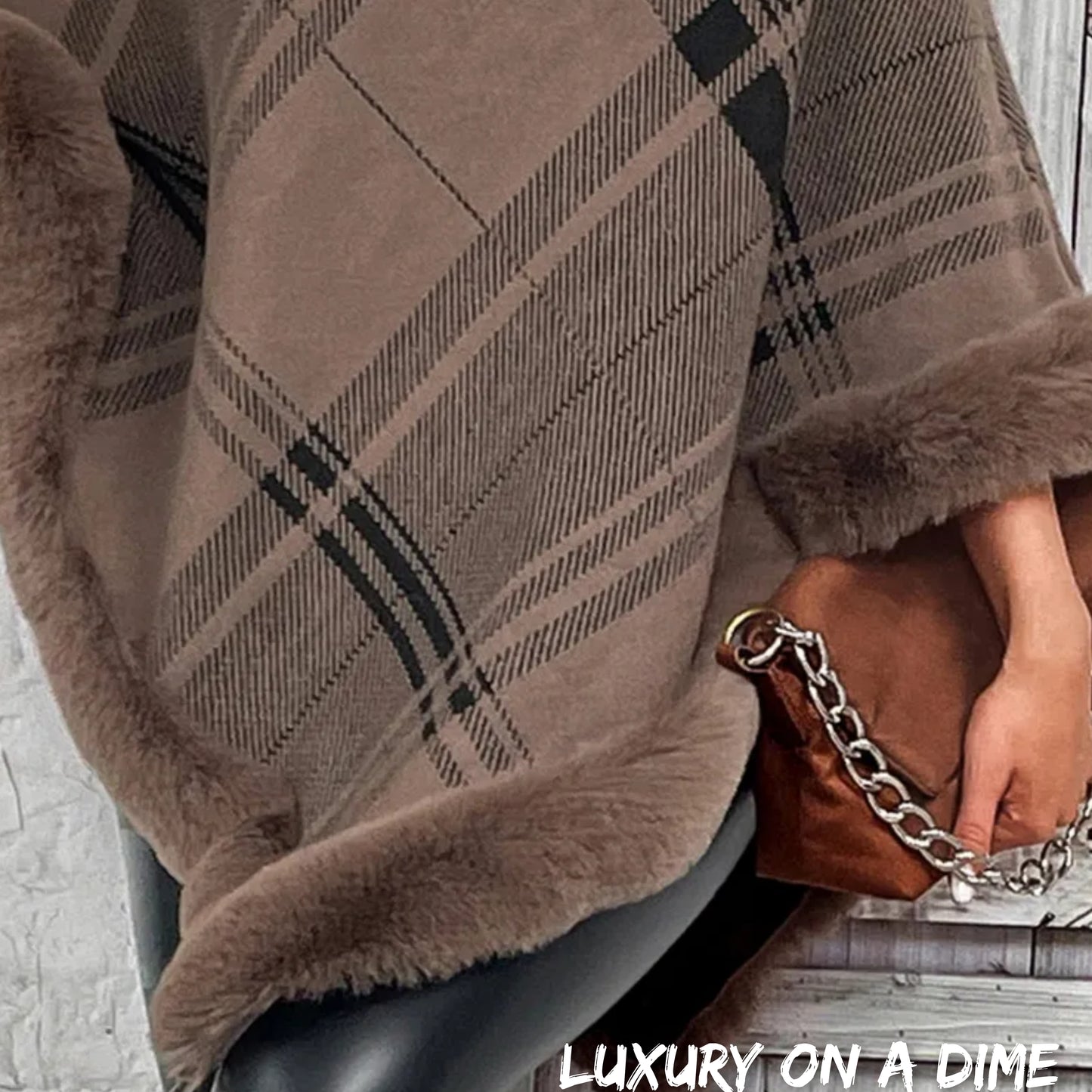Plush Faux Fur Plaid Stripe Oversized Pullover Sweater Jacket Poncho