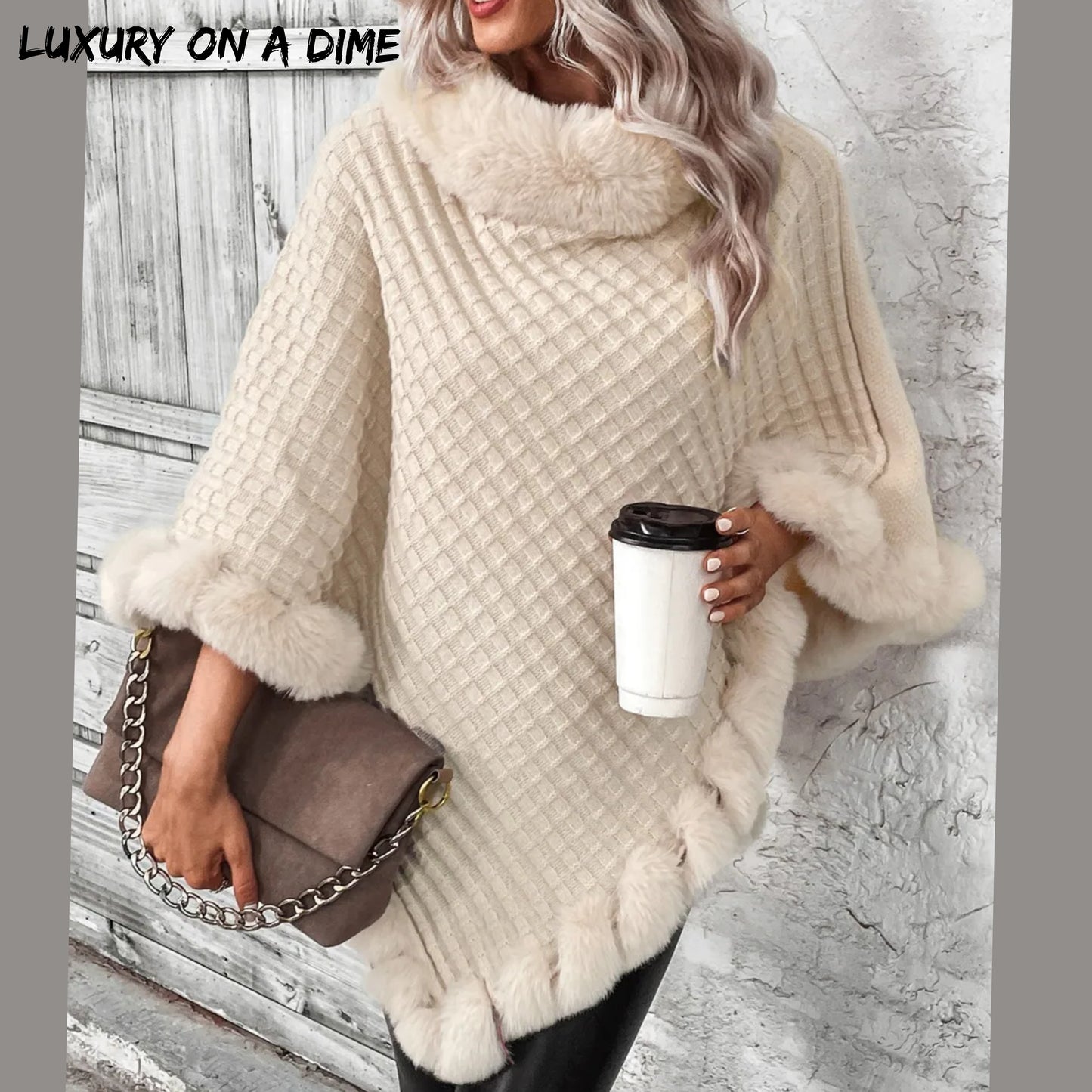 Soft Plush Faux Fur Woven Knit Oversized Pullover Sweater Jacket Poncho