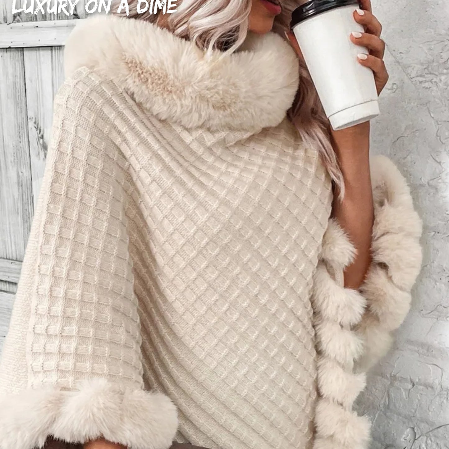Soft Plush Faux Fur Woven Knit Oversized Pullover Sweater Jacket Poncho