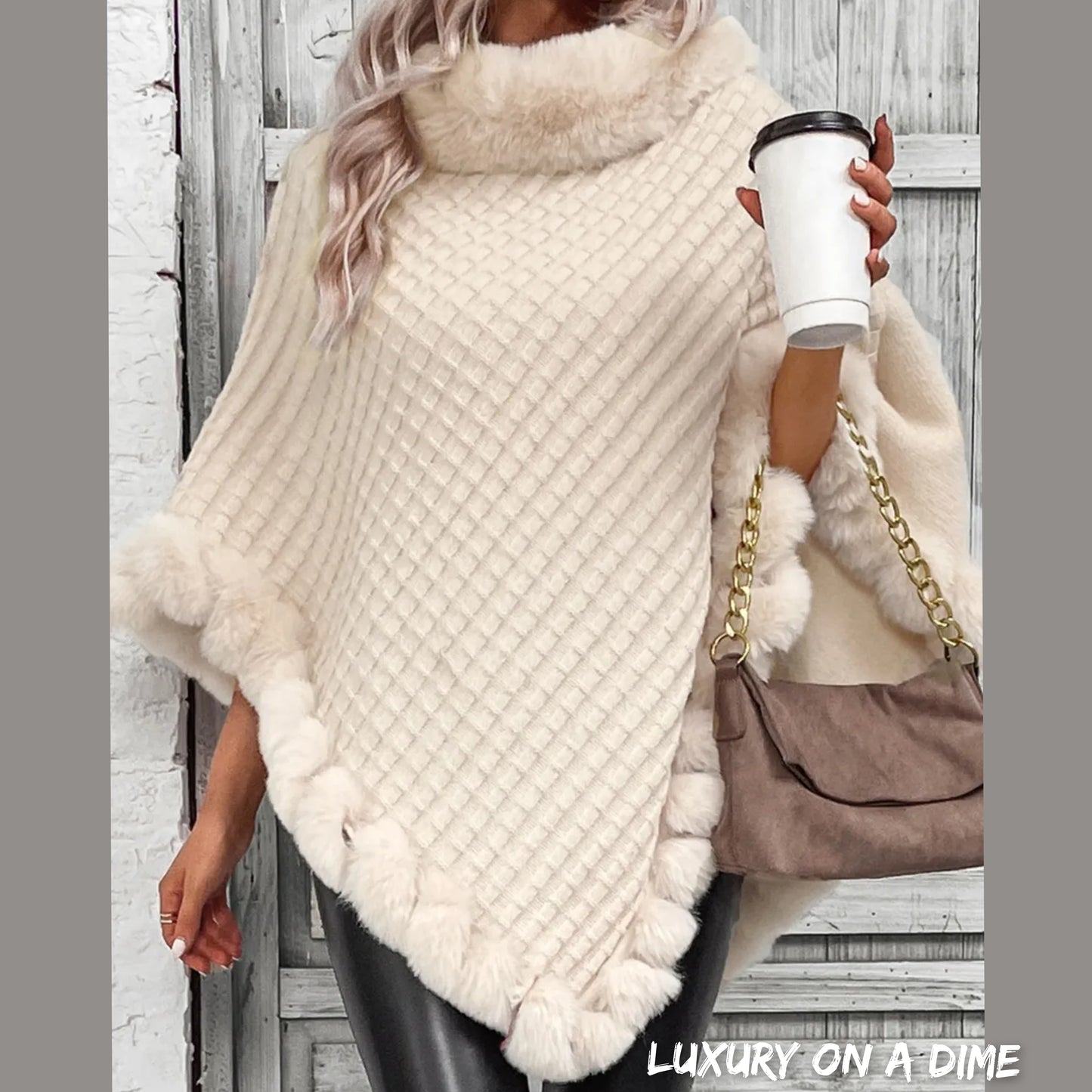 Soft Plush Faux Fur Woven Knit Oversized Pullover Sweater Jacket Poncho