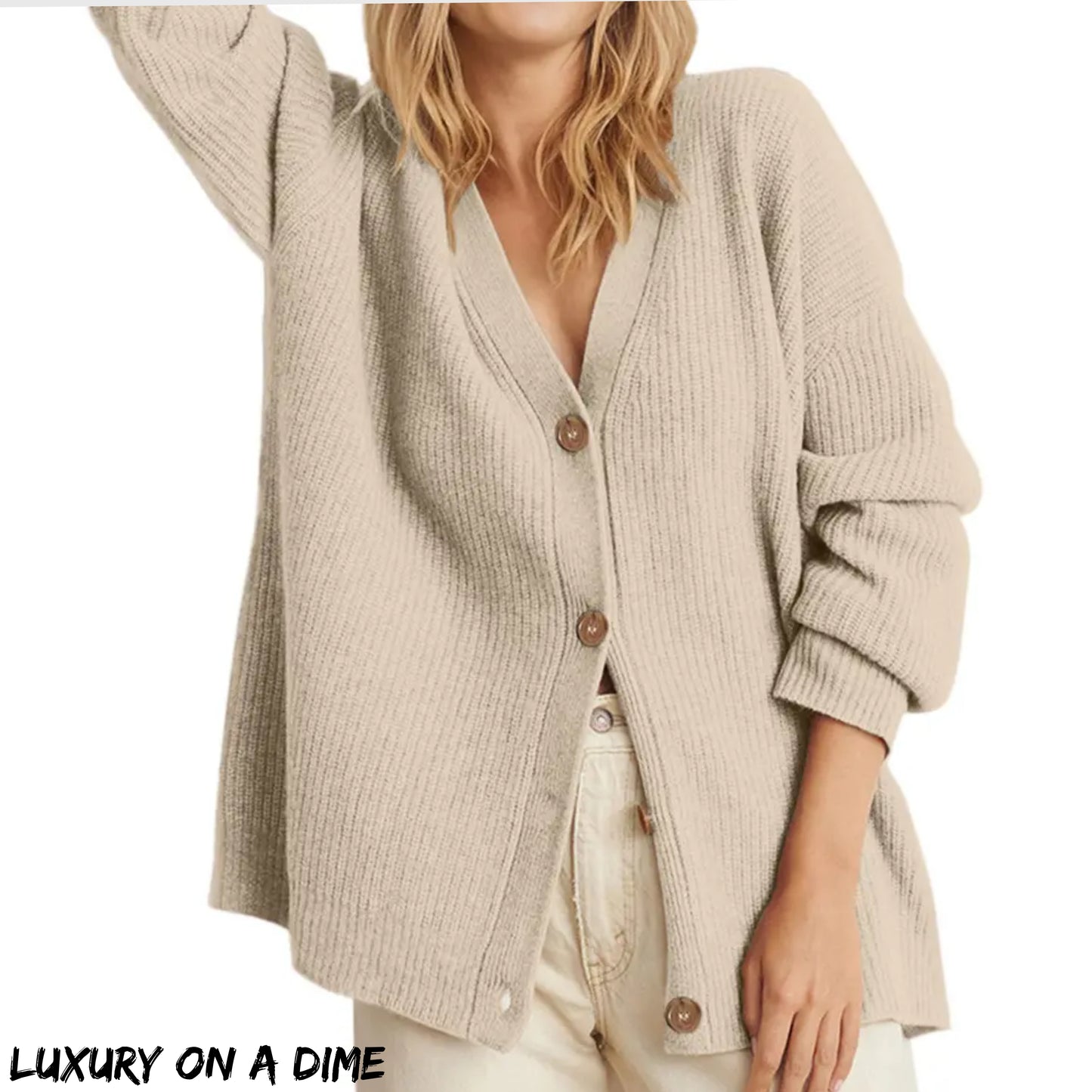 Ribbed Knit Oversized Button Front Classic Long Sleeve Button Front Cardigan