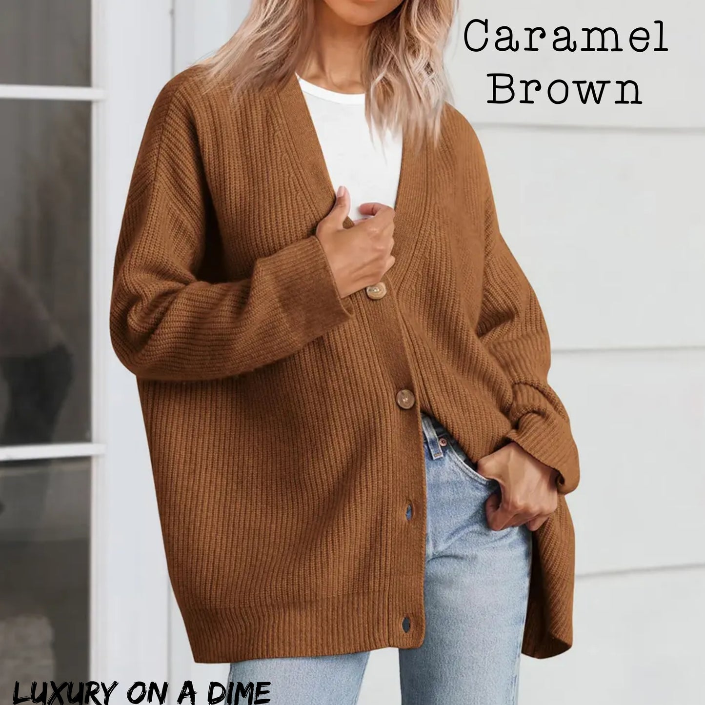 Ribbed Knit Oversized Button Front Classic Long Sleeve Button Front Cardigan