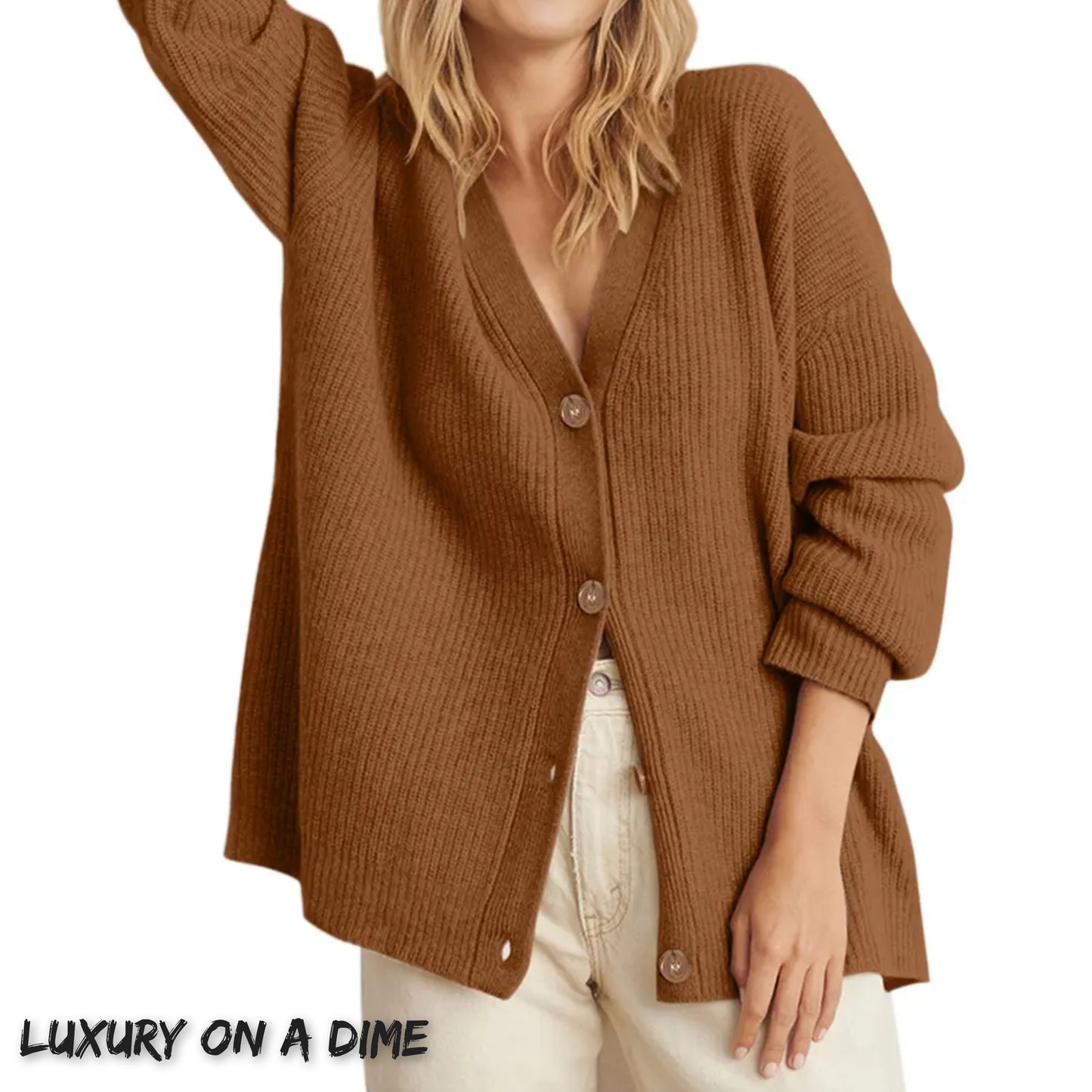 Ribbed Knit Oversized Button Front Classic Long Sleeve Button Front Cardigan