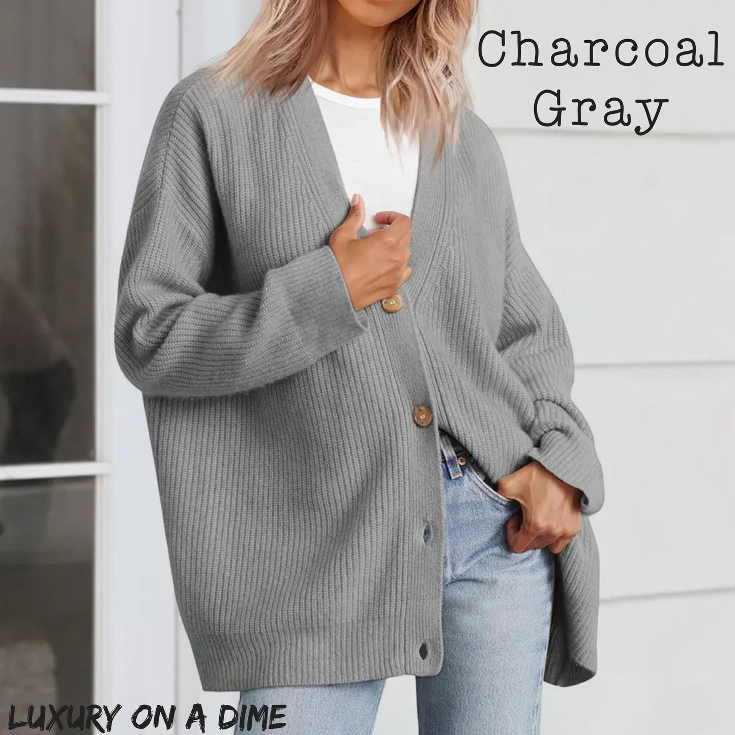 Ribbed Knit Oversized Button Front Classic Long Sleeve Button Front Cardigan
