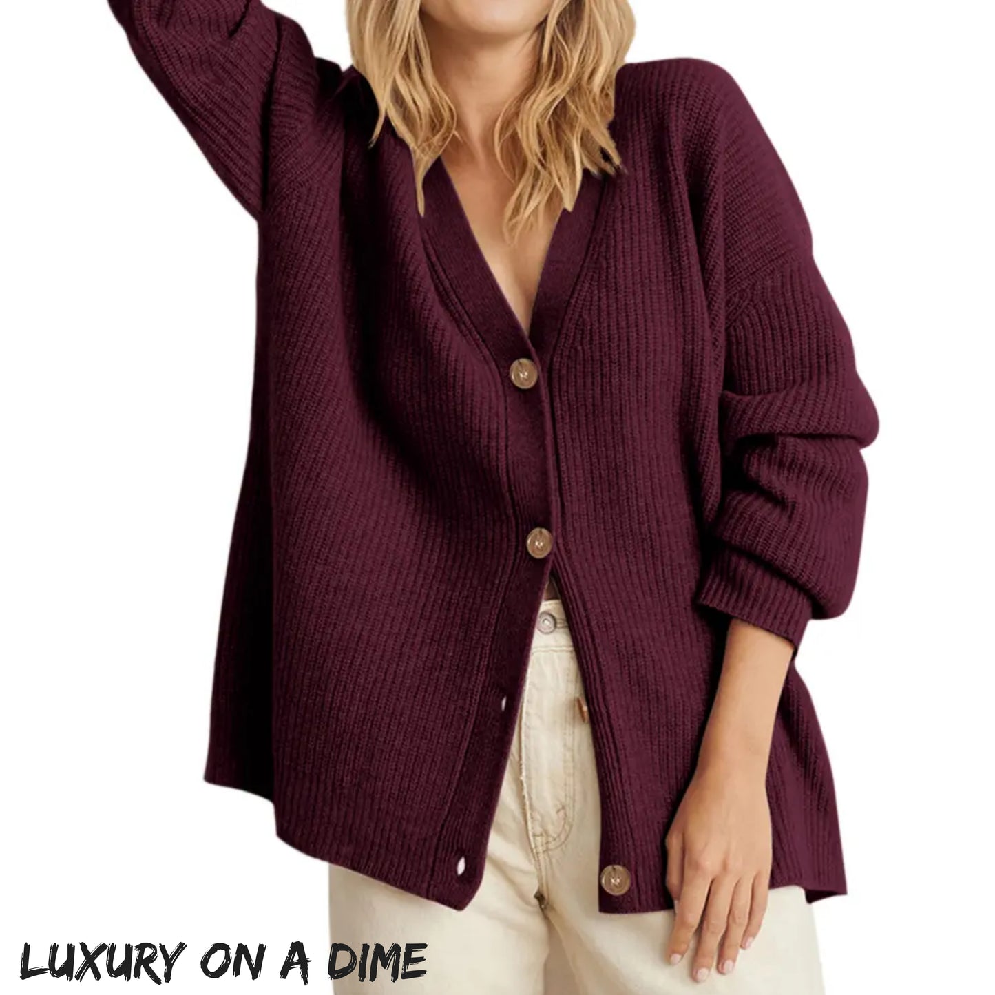 Ribbed Knit Oversized Button Front Classic Long Sleeve Button Front Cardigan