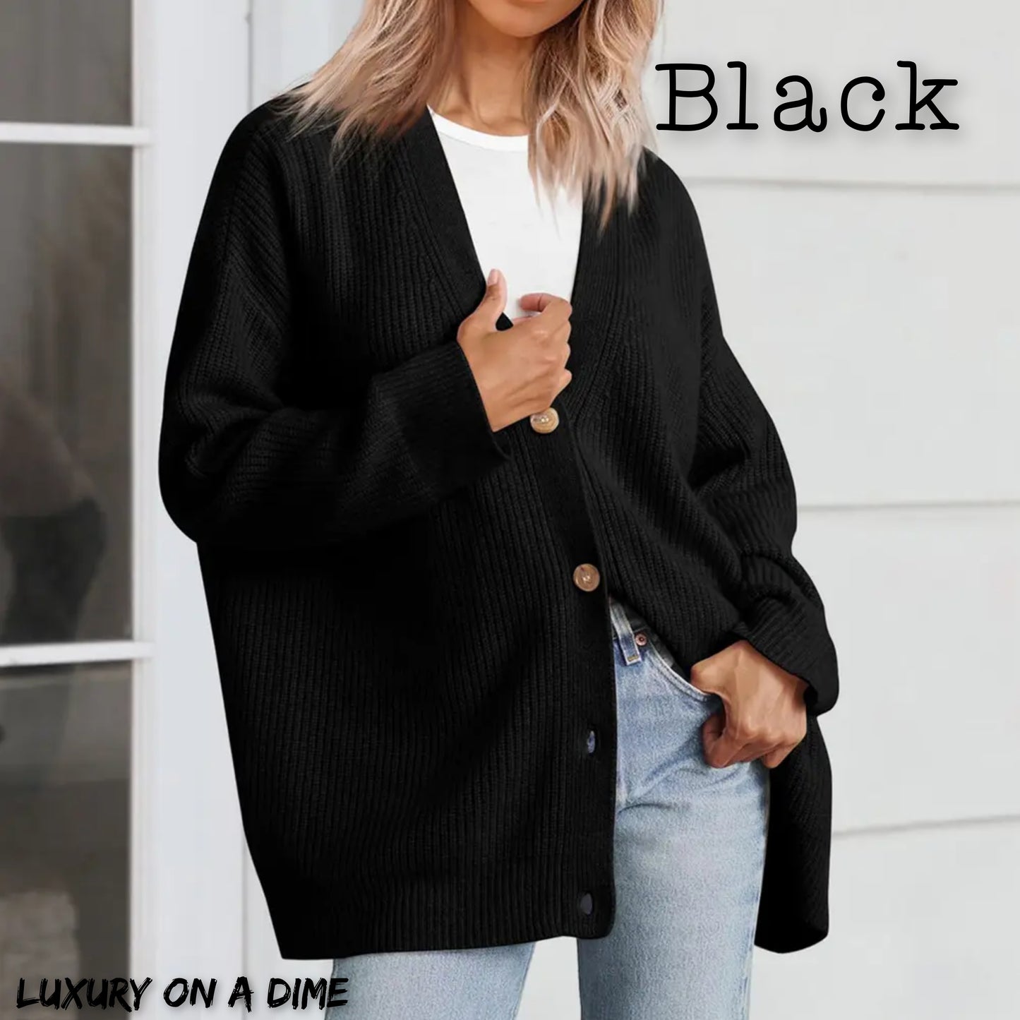 Ribbed Knit Oversized Button Front Classic Long Sleeve Button Front Cardigan