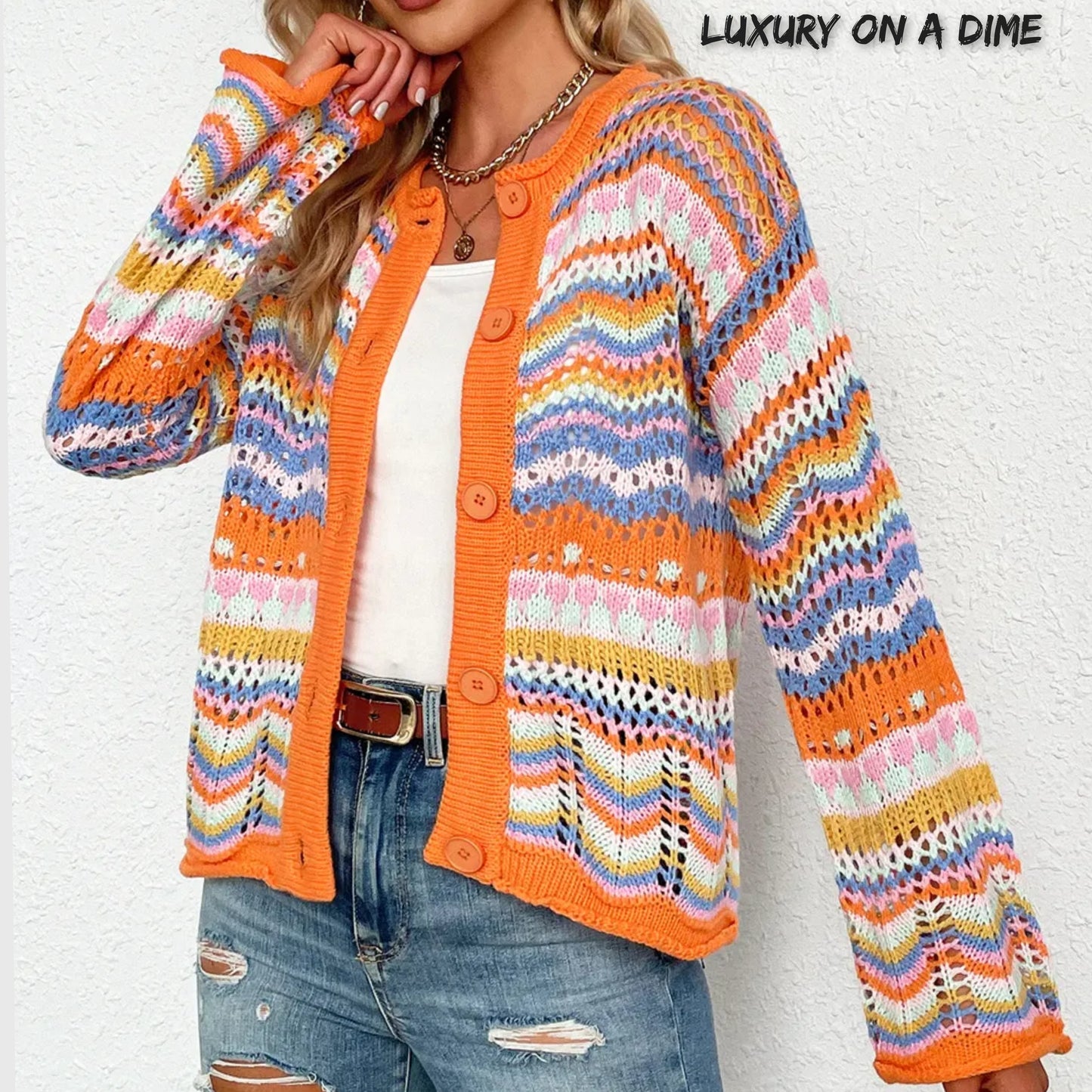 Bright Chevron Stripe Openwork Knit Button Front Long Sleeve Retro Cardigan