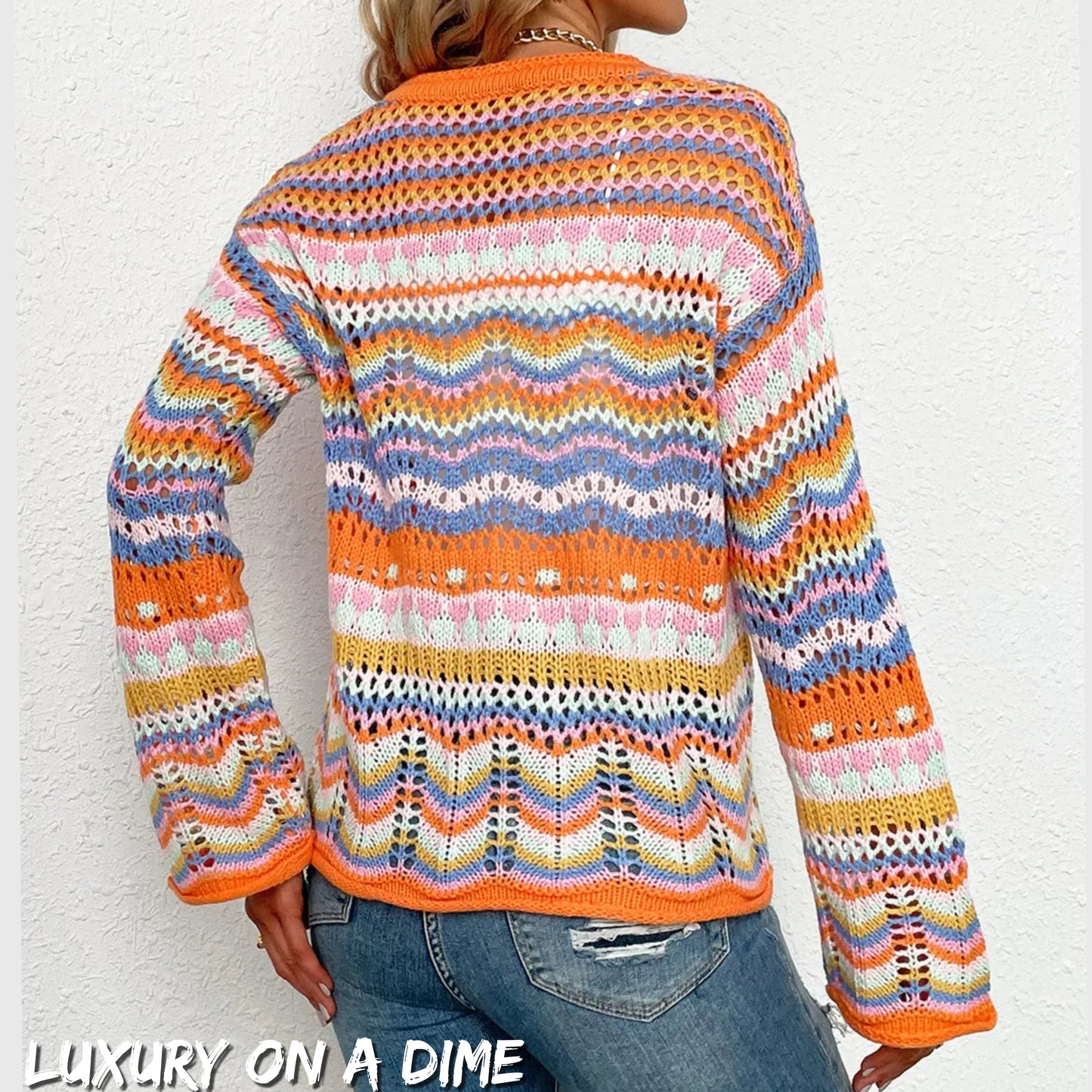 Bright Chevron Stripe Openwork Knit Button Front Long Sleeve Retro Cardigan