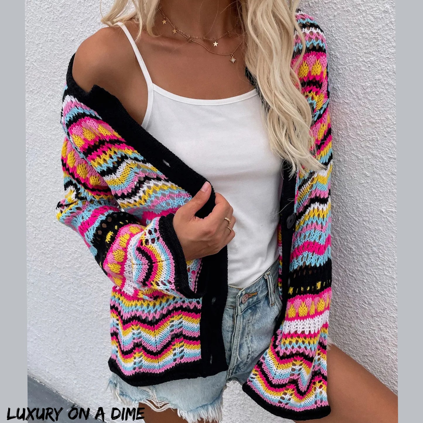 Bright Chevron Stripe Openwork Knit Button Front Long Sleeve Retro Cardigan