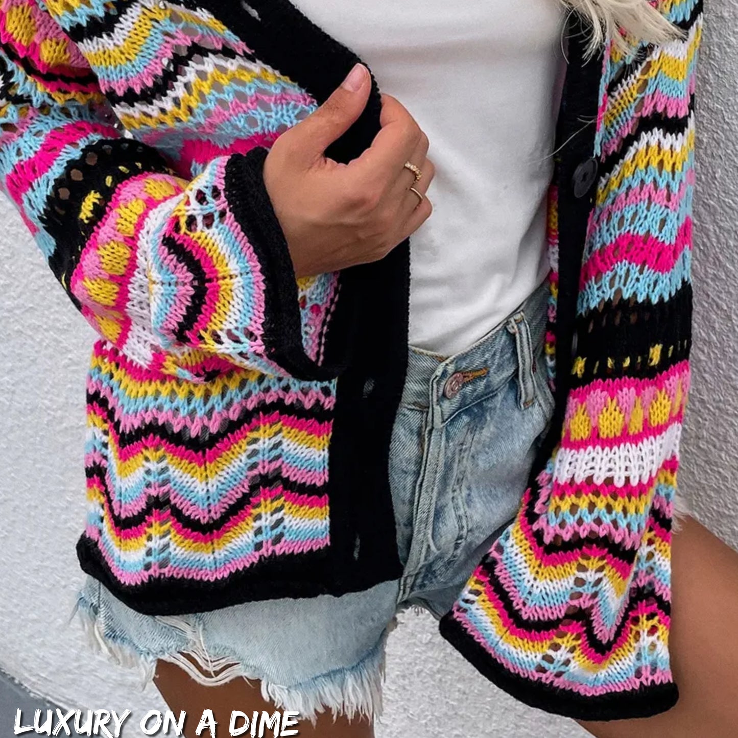 Bright Chevron Stripe Openwork Knit Button Front Long Sleeve Retro Cardigan