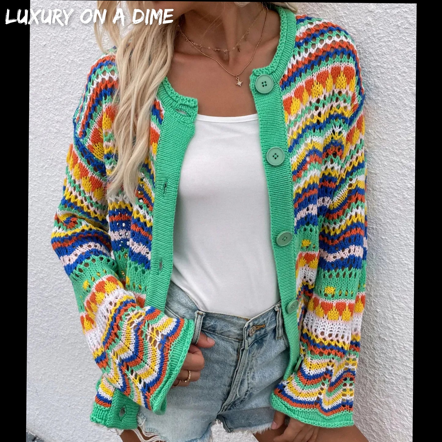 Bright Chevron Stripe Openwork Knit Button Front Long Sleeve Retro Cardigan