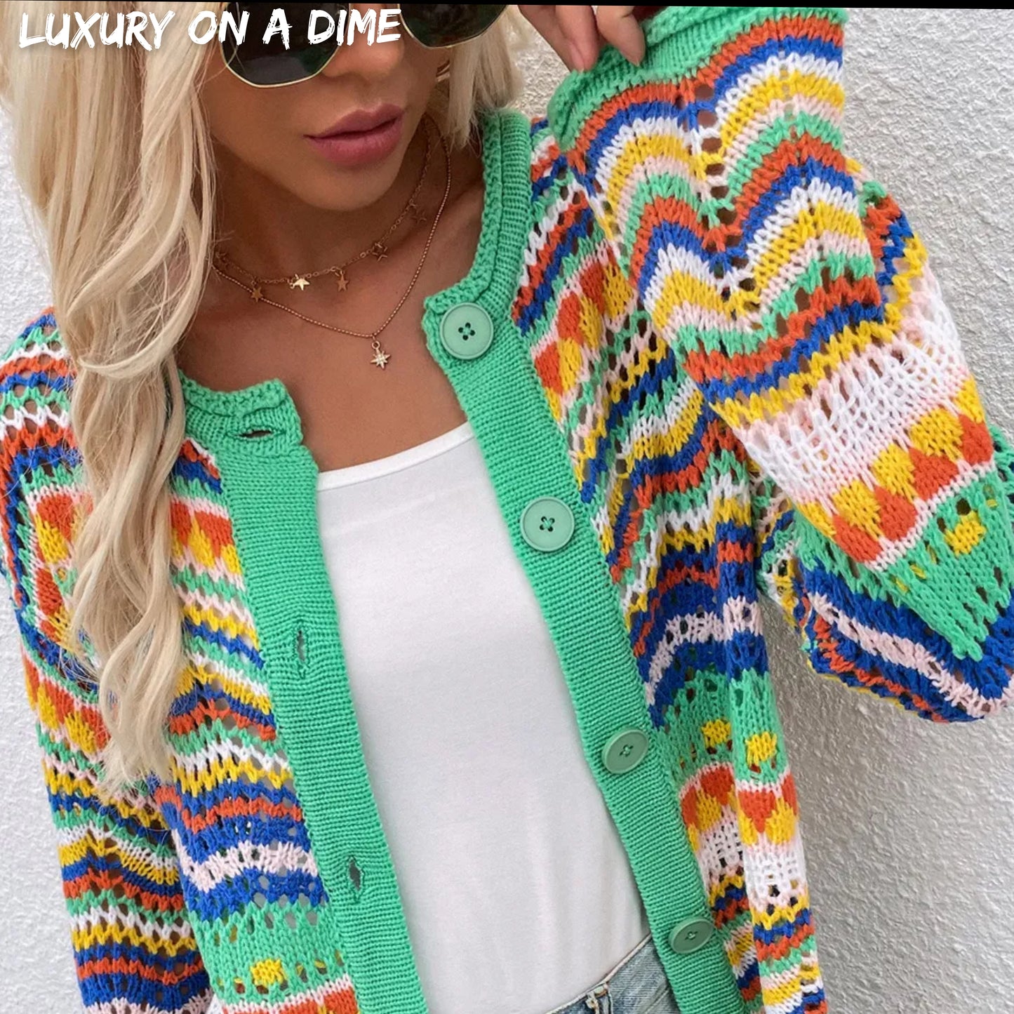 Bright Chevron Stripe Openwork Knit Button Front Long Sleeve Retro Cardigan