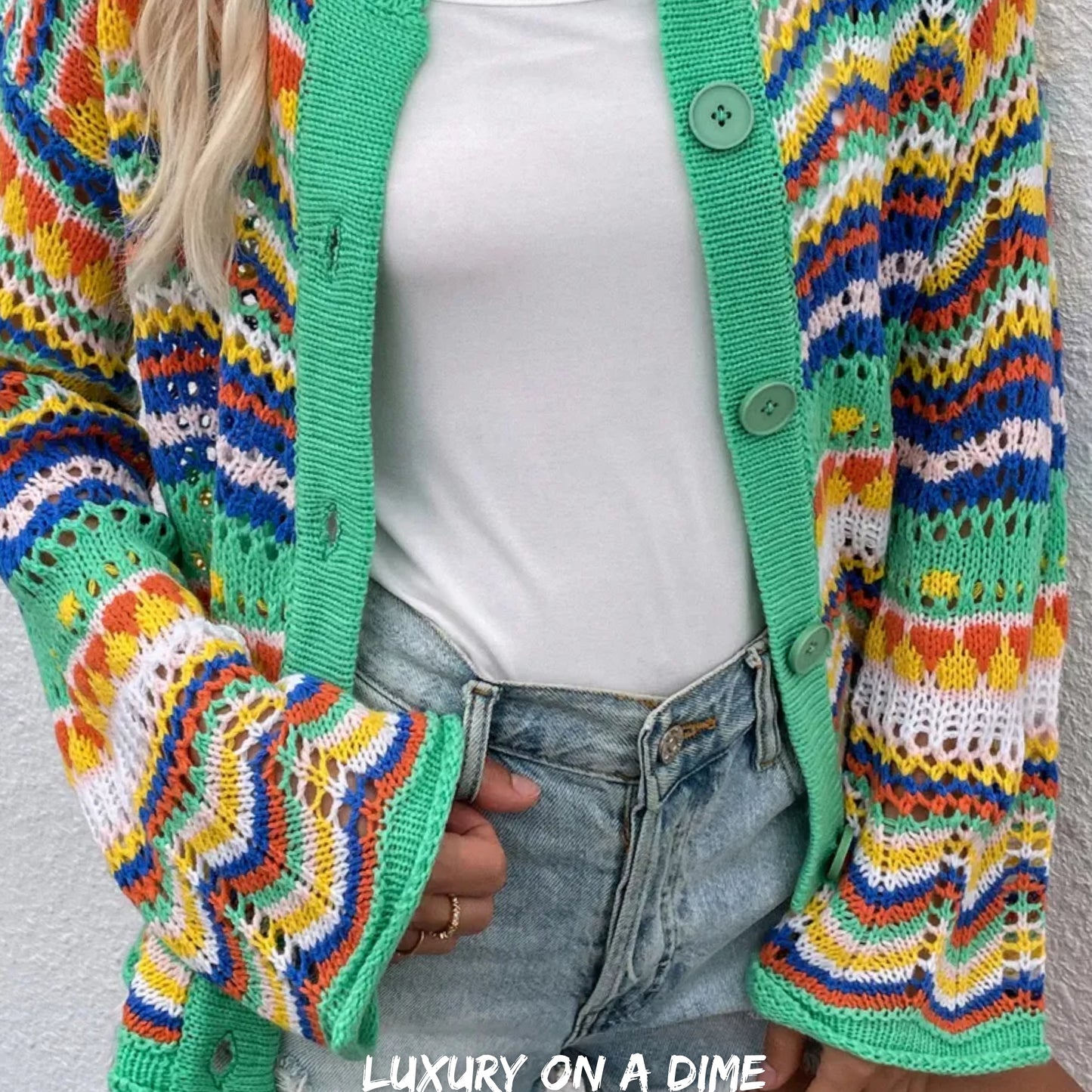 Bright Chevron Stripe Openwork Knit Button Front Long Sleeve Retro Cardigan