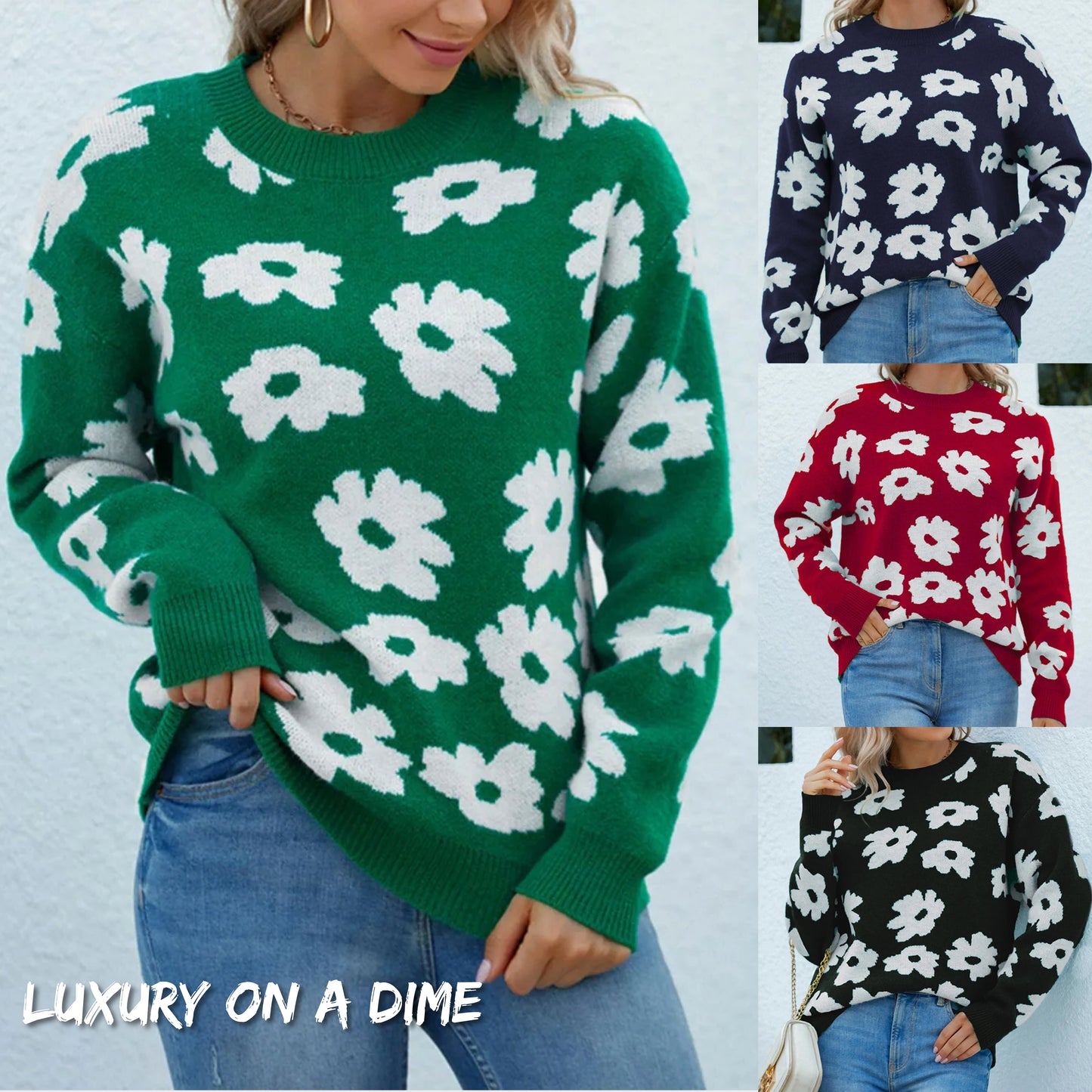 Knit Daisy Retro Flower Pullover Classic Long Sleeve Round Neck Sweater Shirt