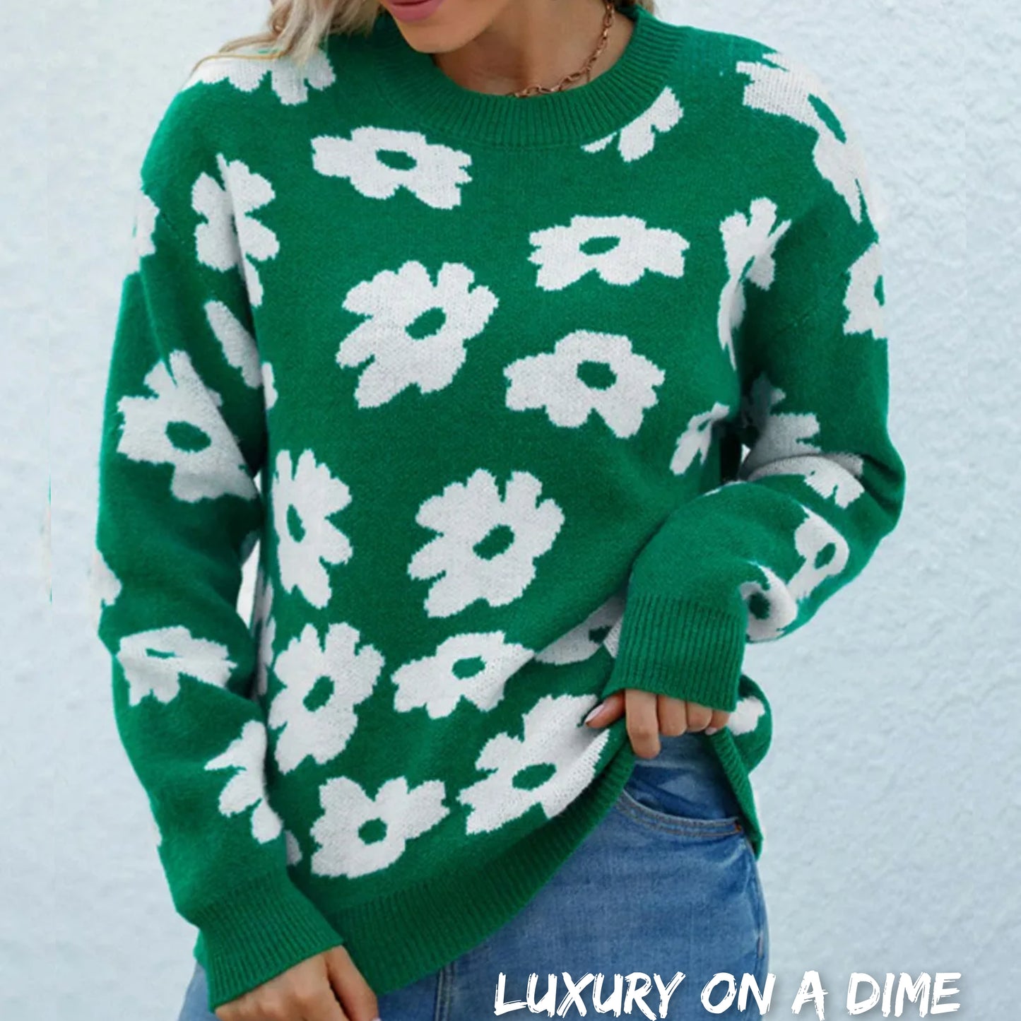 Knit Daisy Retro Flower Pullover Classic Long Sleeve Round Neck Sweater Shirt