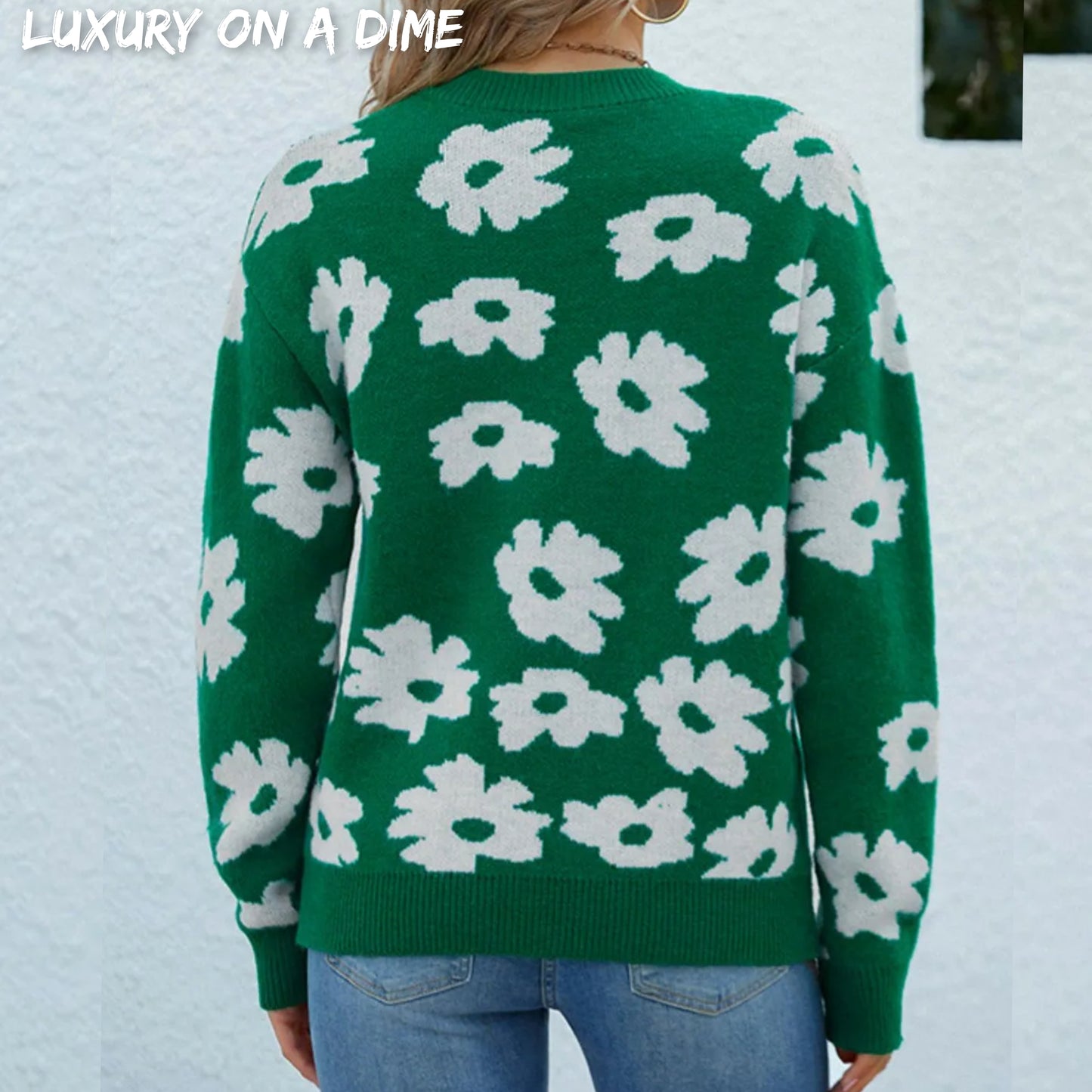 Knit Daisy Retro Flower Pullover Classic Long Sleeve Round Neck Sweater Shirt
