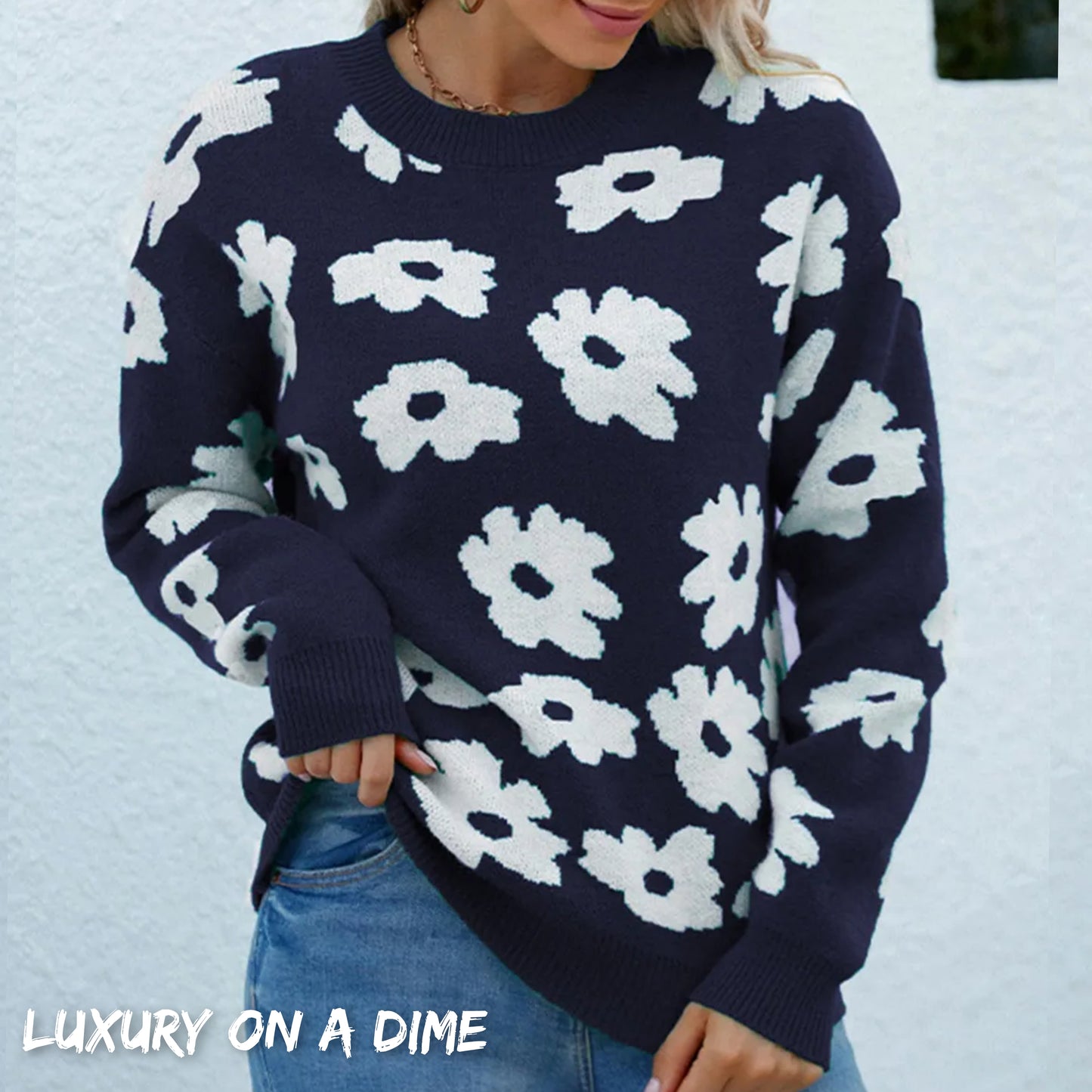 Knit Daisy Retro Flower Pullover Classic Long Sleeve Round Neck Sweater Shirt