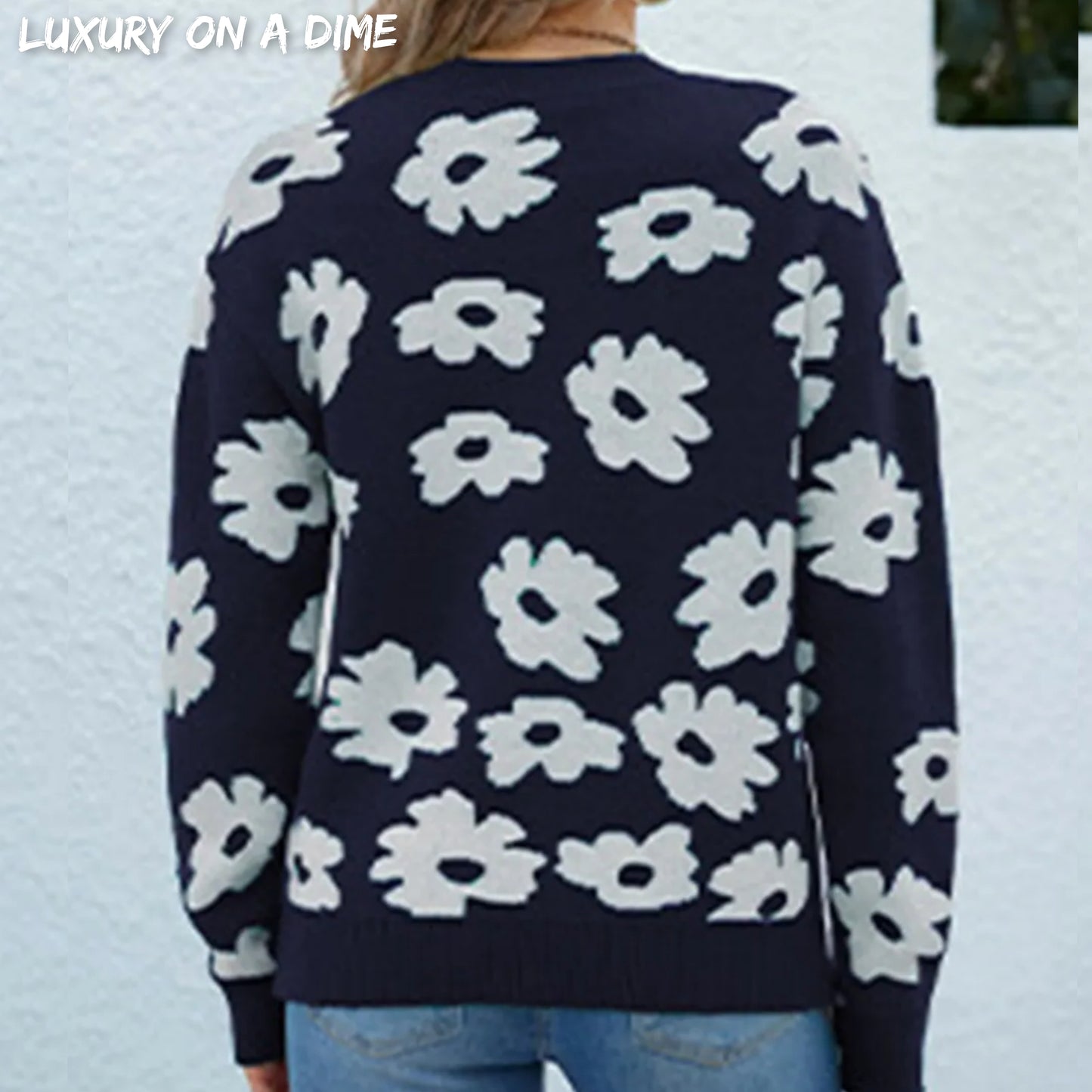 Knit Daisy Retro Flower Pullover Classic Long Sleeve Round Neck Sweater Shirt
