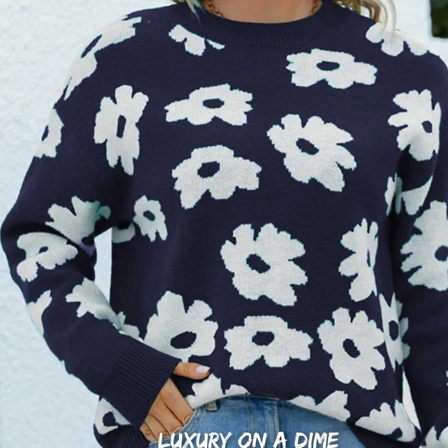Knit Daisy Retro Flower Pullover Classic Long Sleeve Round Neck Sweater Shirt