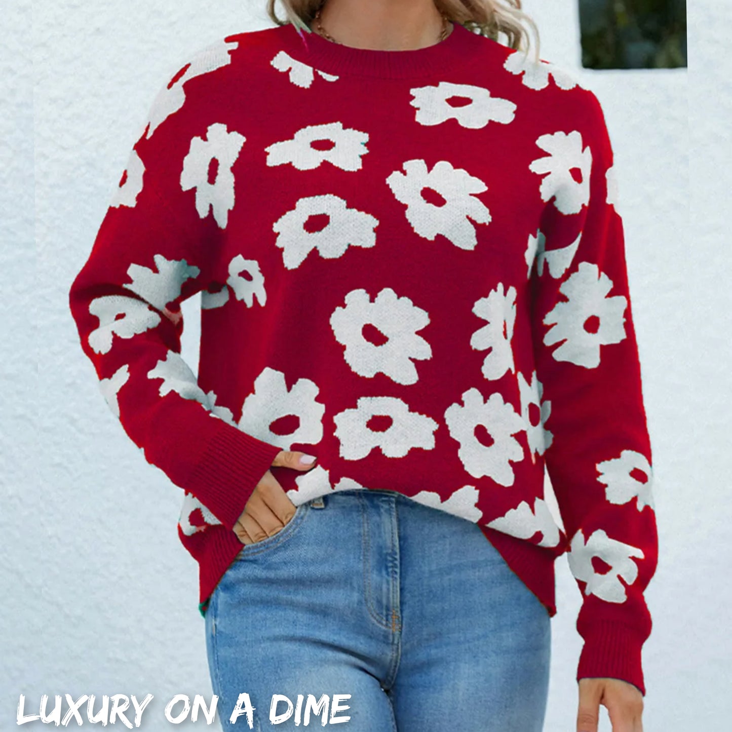 Knit Daisy Retro Flower Pullover Classic Long Sleeve Round Neck Sweater Shirt
