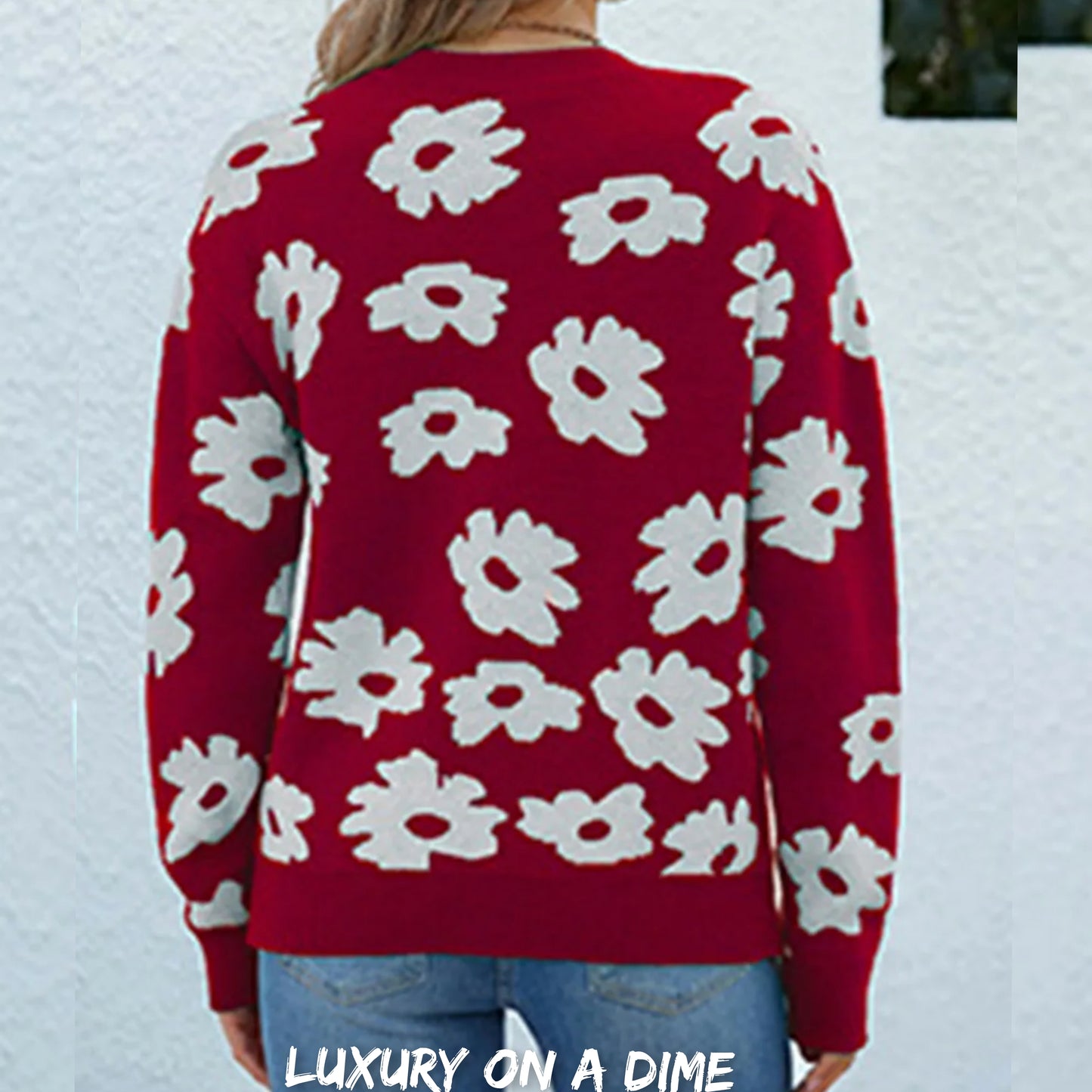 Knit Daisy Retro Flower Pullover Classic Long Sleeve Round Neck Sweater Shirt