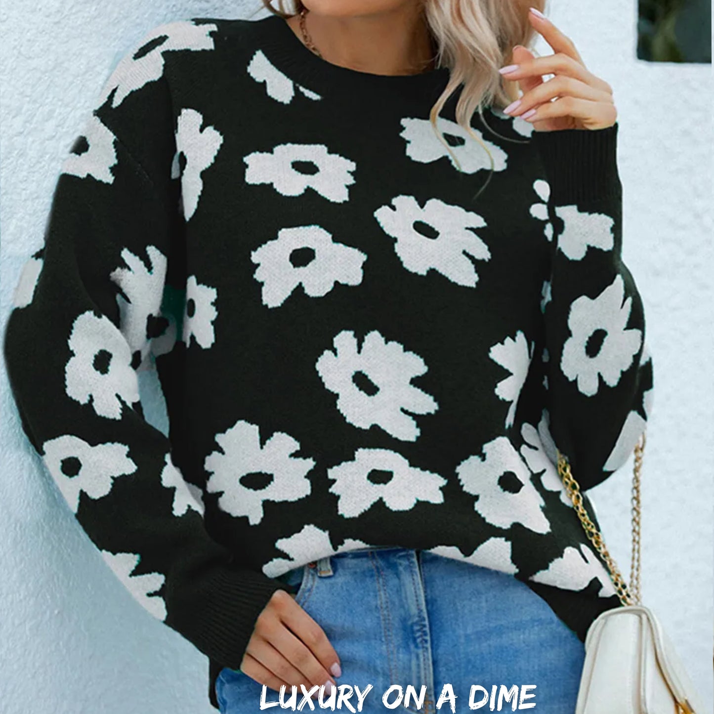 Knit Daisy Retro Flower Pullover Classic Long Sleeve Round Neck Sweater Shirt