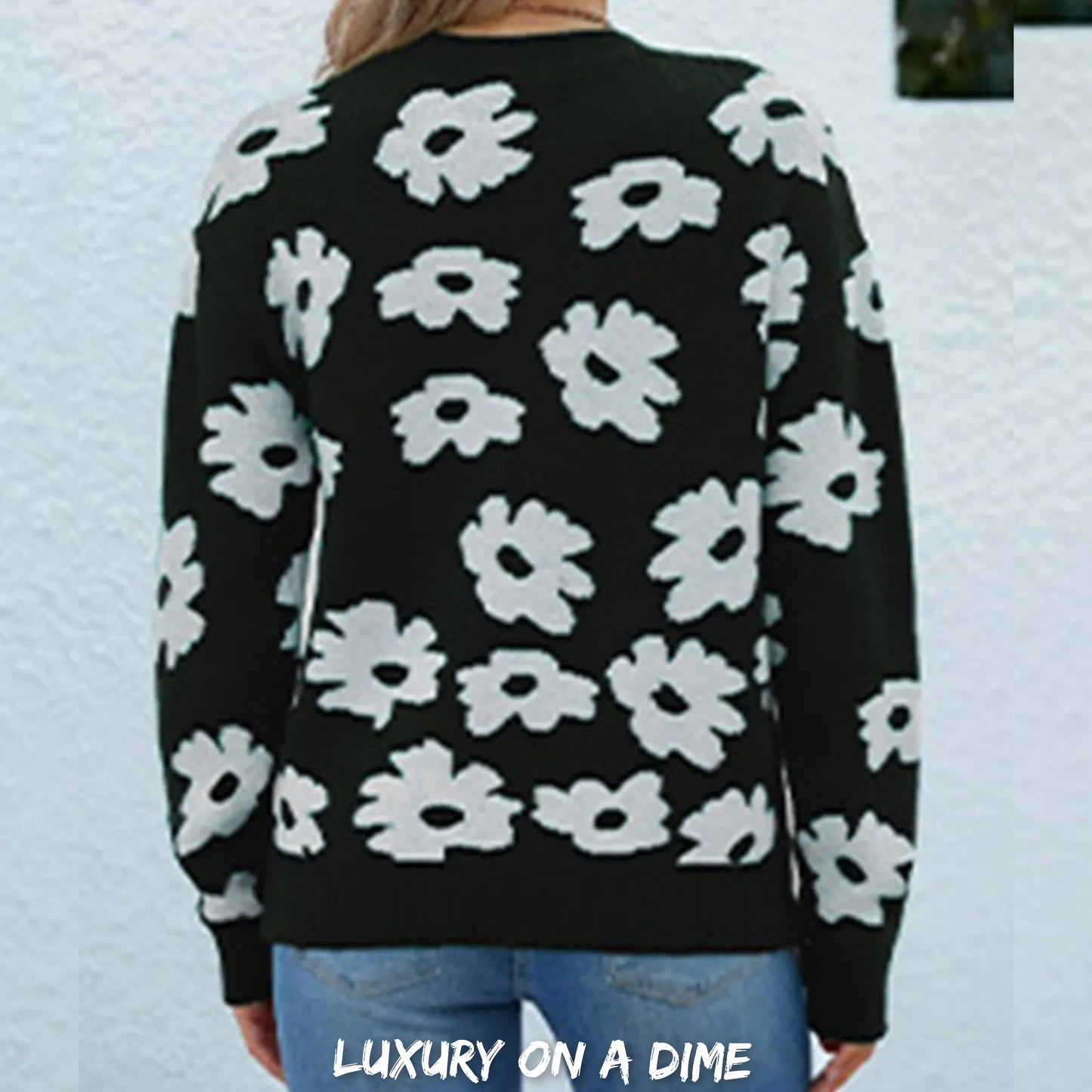 Knit Daisy Retro Flower Pullover Classic Long Sleeve Round Neck Sweater Shirt
