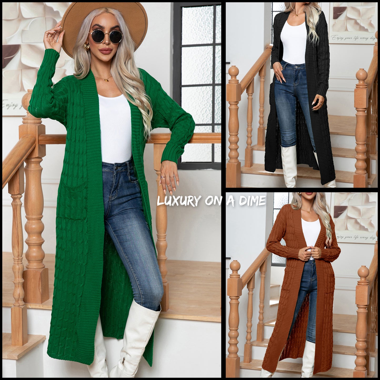 Cable Knit Long Sleeve Open Front Pocket Casual Sweater Cardigan Longline Duster