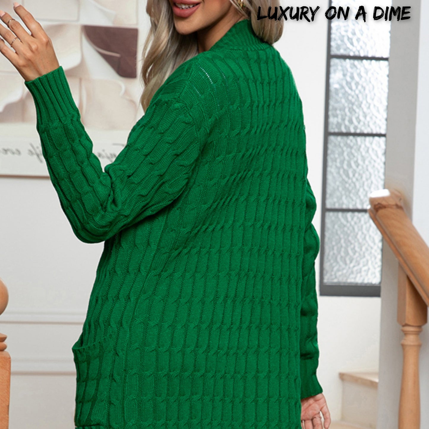 Cable Knit Long Sleeve Open Front Pocket Casual Sweater Cardigan Longline Duster