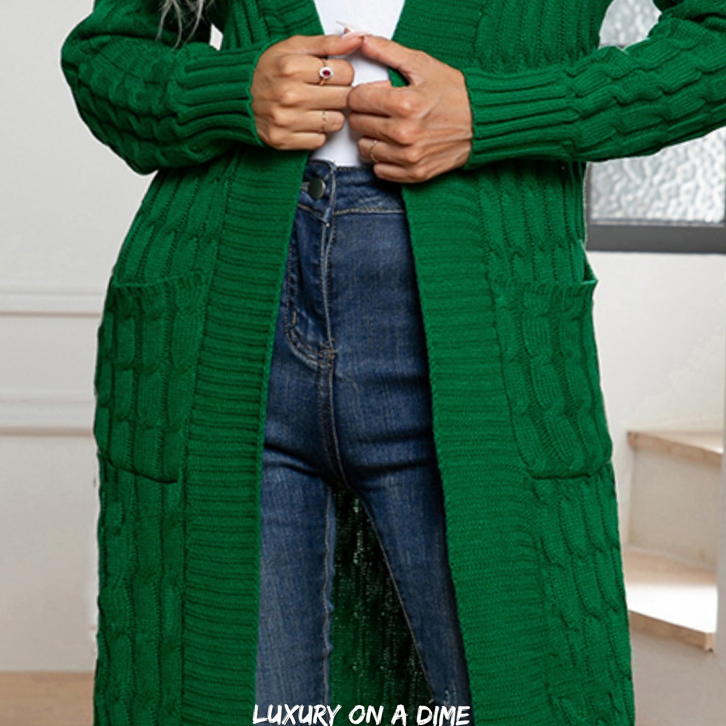 Cable Knit Long Sleeve Open Front Pocket Casual Sweater Cardigan Longline Duster