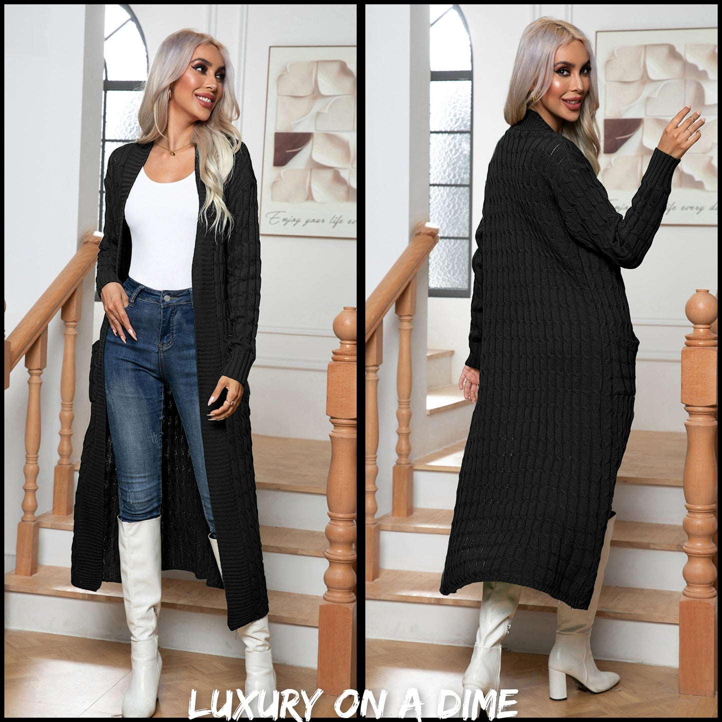 Cable Knit Long Sleeve Open Front Pocket Casual Sweater Cardigan Longline Duster
