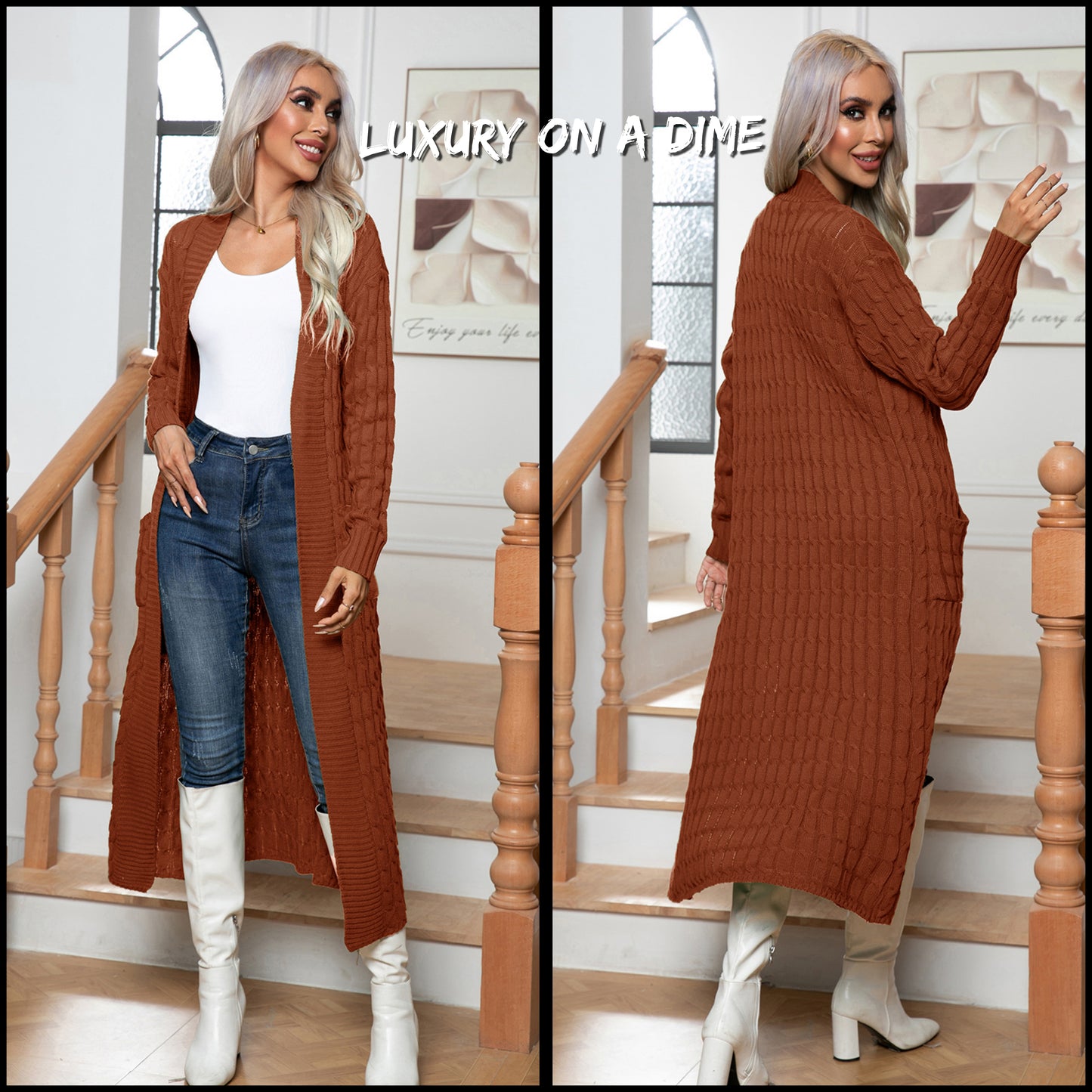 Cable Knit Long Sleeve Open Front Pocket Casual Sweater Cardigan Longline Duster