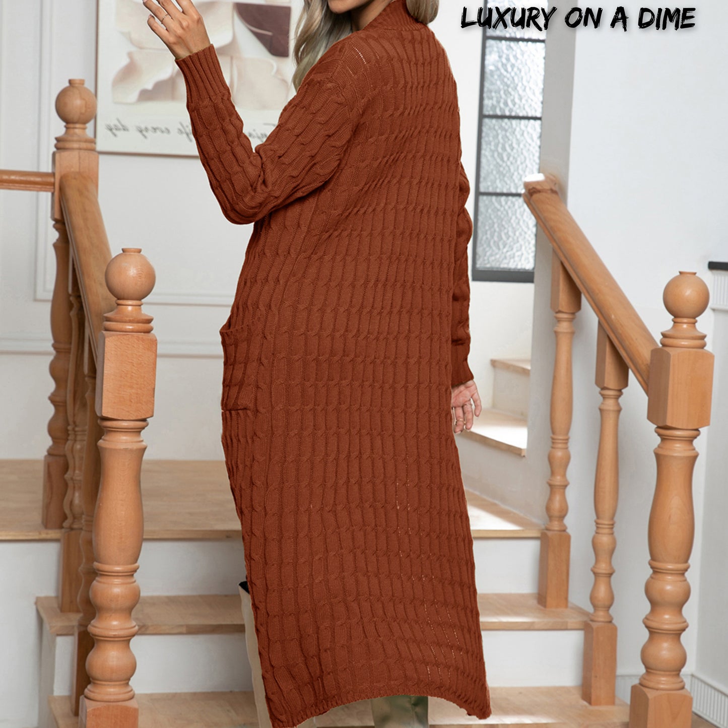 Cable Knit Long Sleeve Open Front Pocket Casual Sweater Cardigan Longline Duster