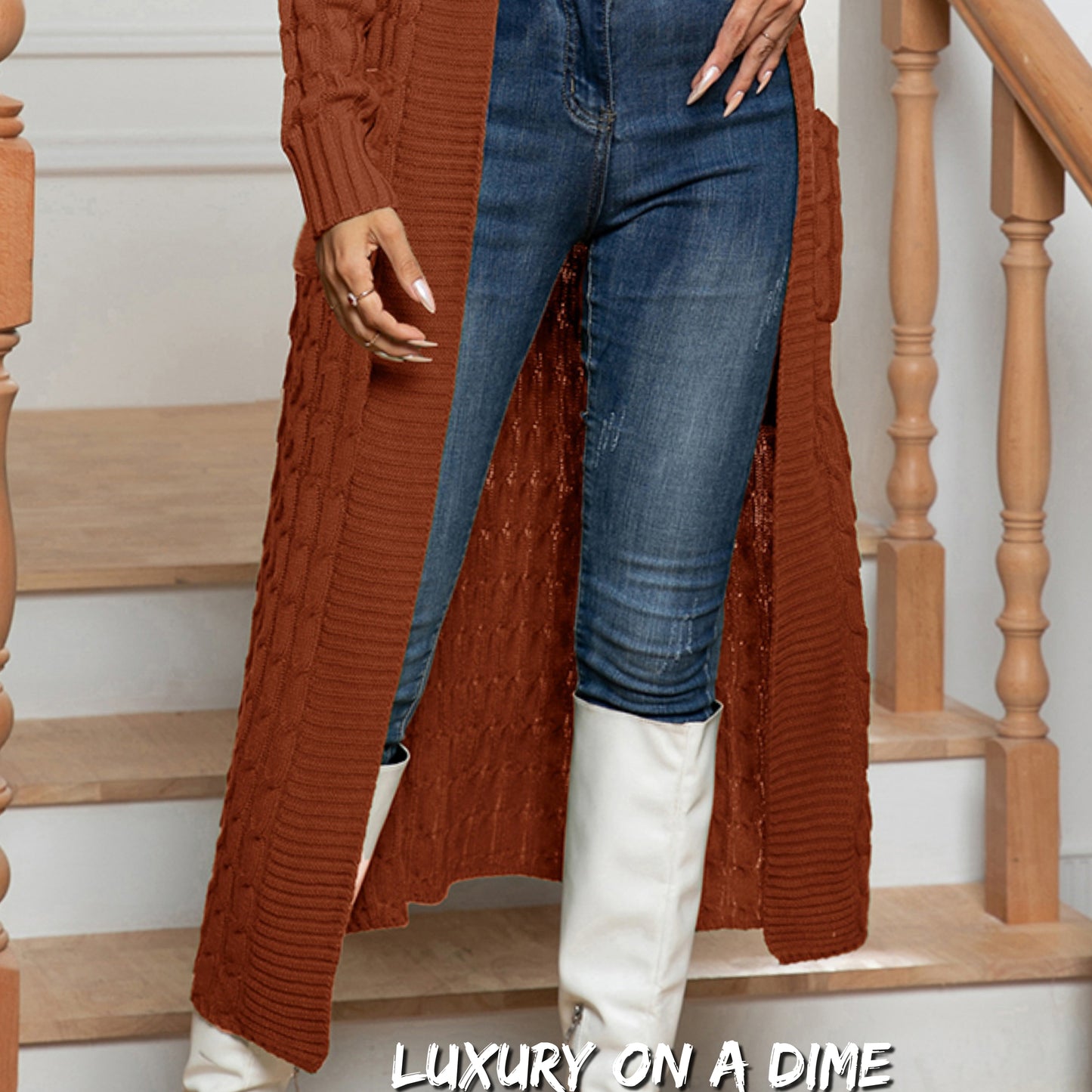 Cable Knit Long Sleeve Open Front Pocket Casual Sweater Cardigan Longline Duster