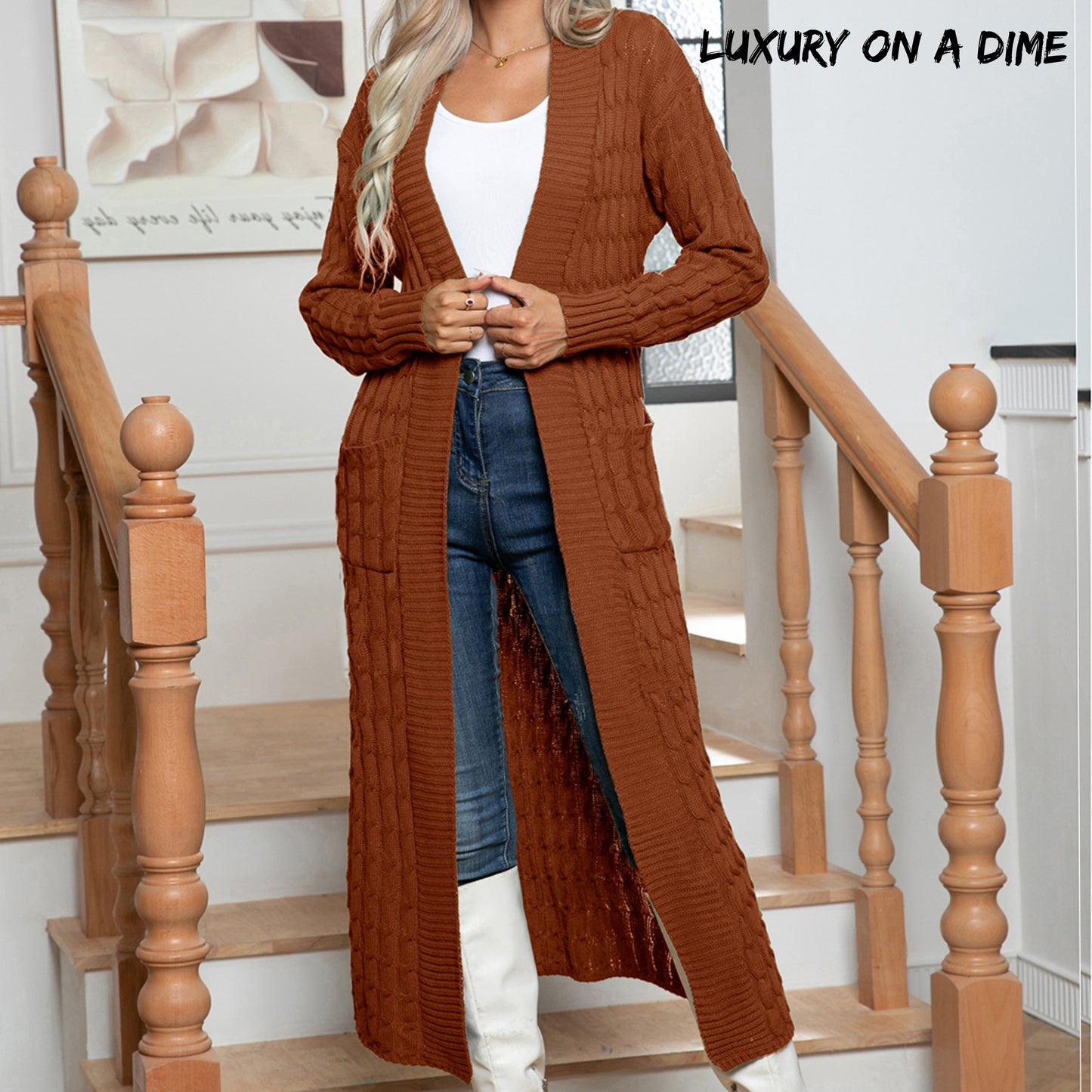 Cable Knit Long Sleeve Open Front Pocket Casual Sweater Cardigan Longline Duster
