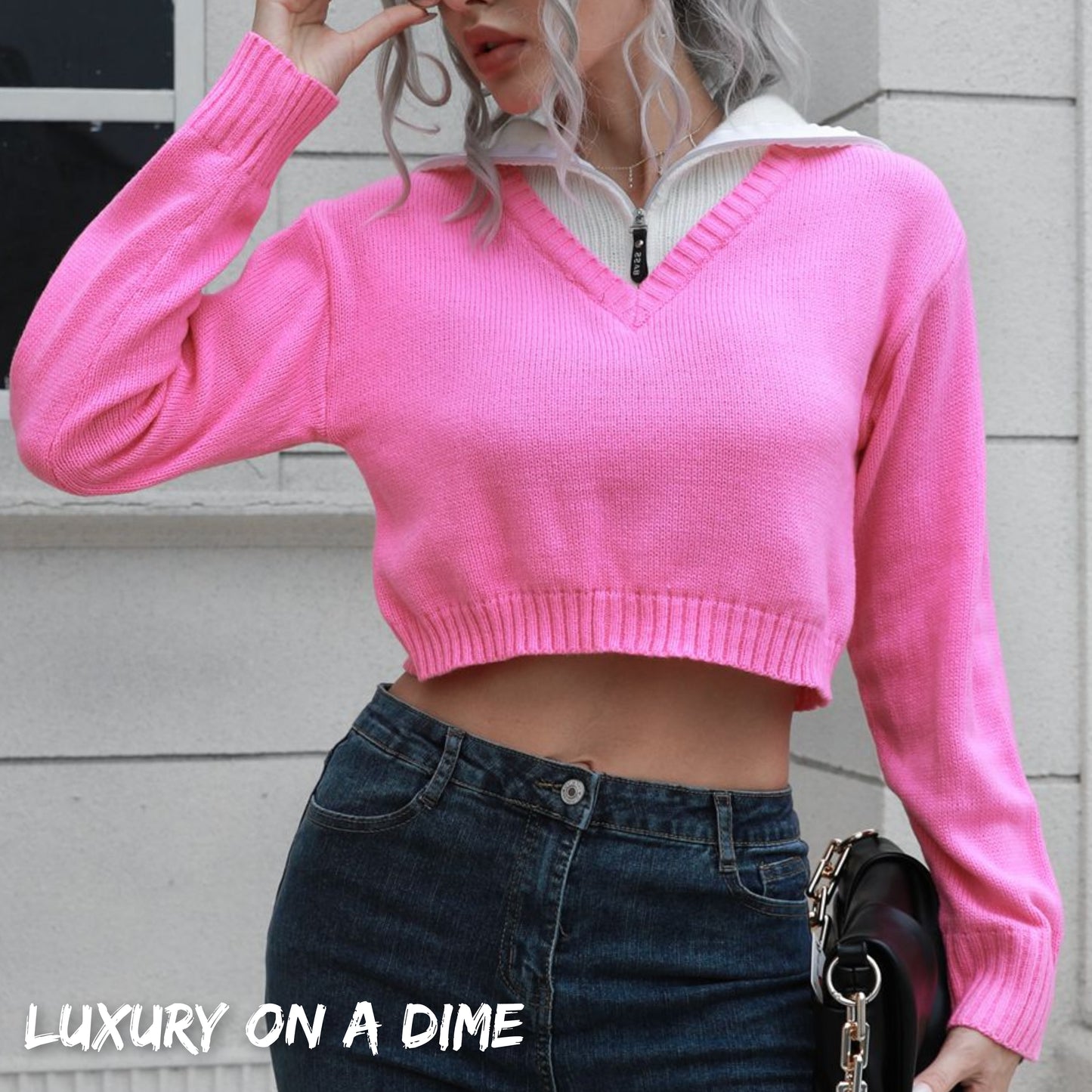 Collar Contrast Color Preppy Crop Top Long Sleeve Faux Layer Sweater Shirt