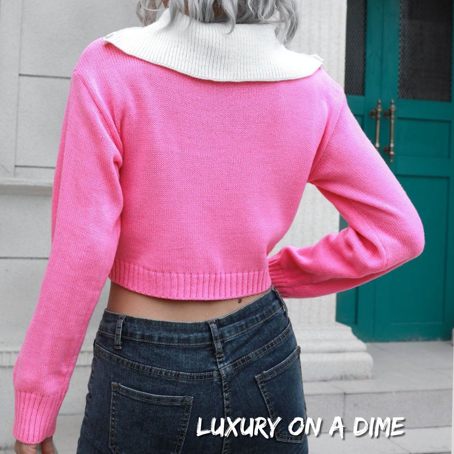 Collar Contrast Color Preppy Crop Top Long Sleeve Faux Layer Sweater Shirt