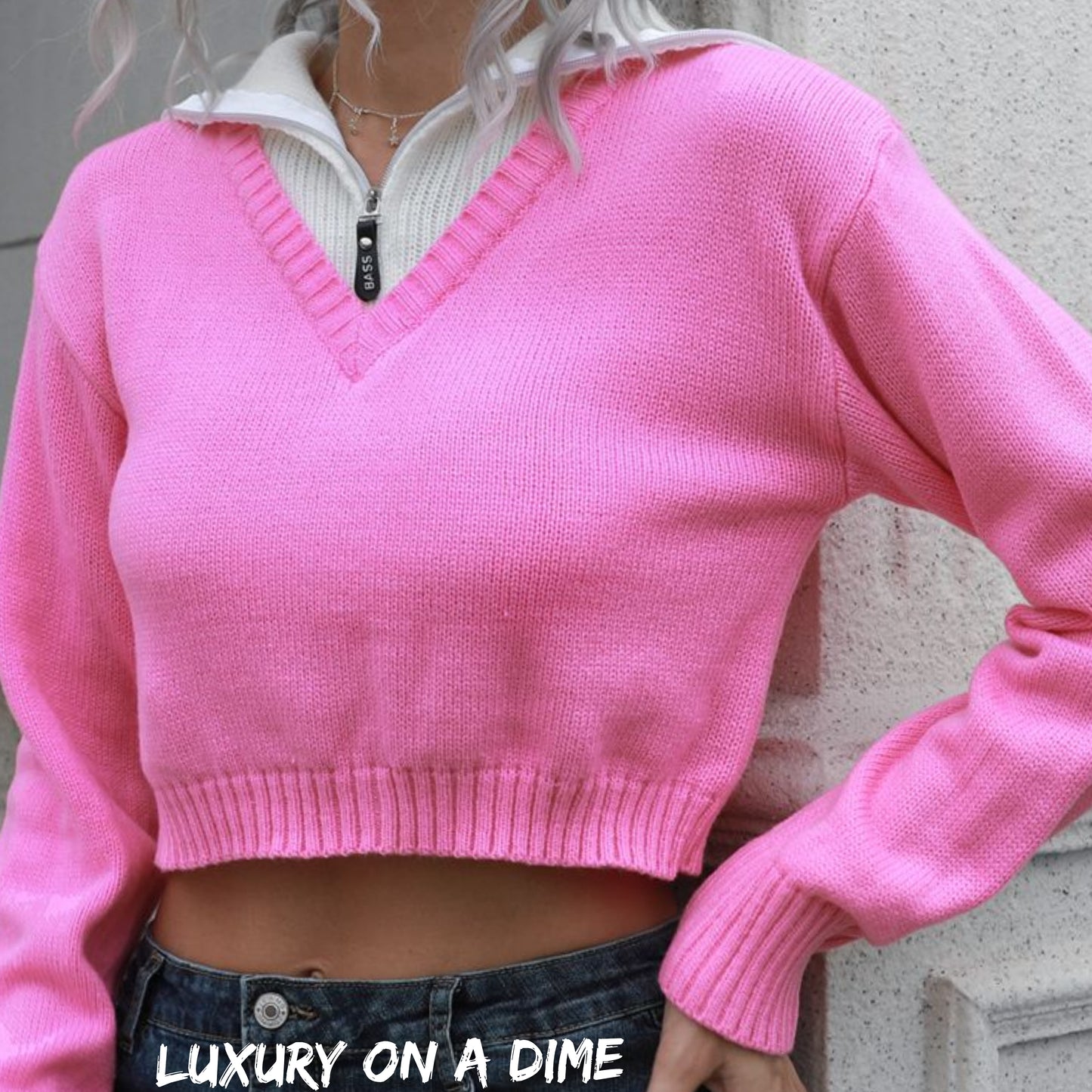 Collar Contrast Color Preppy Crop Top Long Sleeve Faux Layer Sweater Shirt